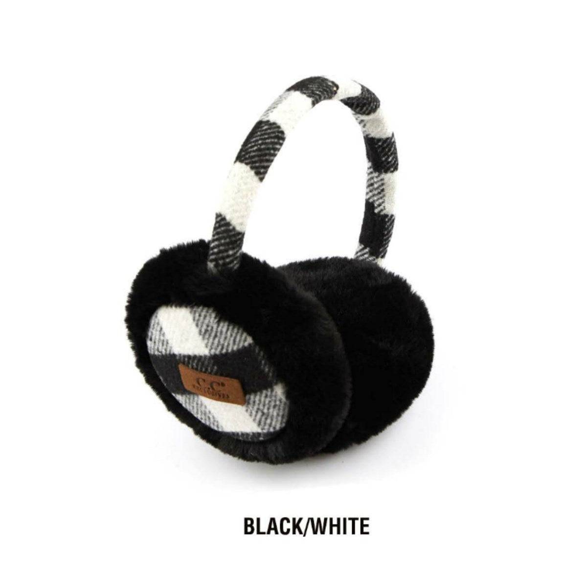 CC Buffalo Plaid Earmuffs with cozy sherpa lining, featuring adjustable fit and stylish buffalo plaid pattern.