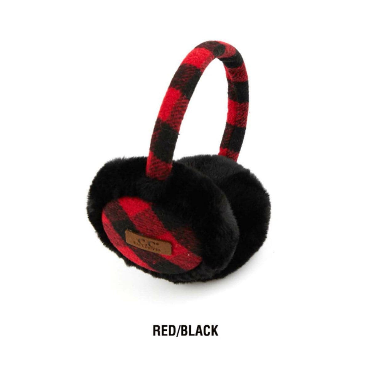 CC Buffalo Plaid Earmuffs with cozy sherpa lining, featuring adjustable fit and stylish buffalo plaid pattern.