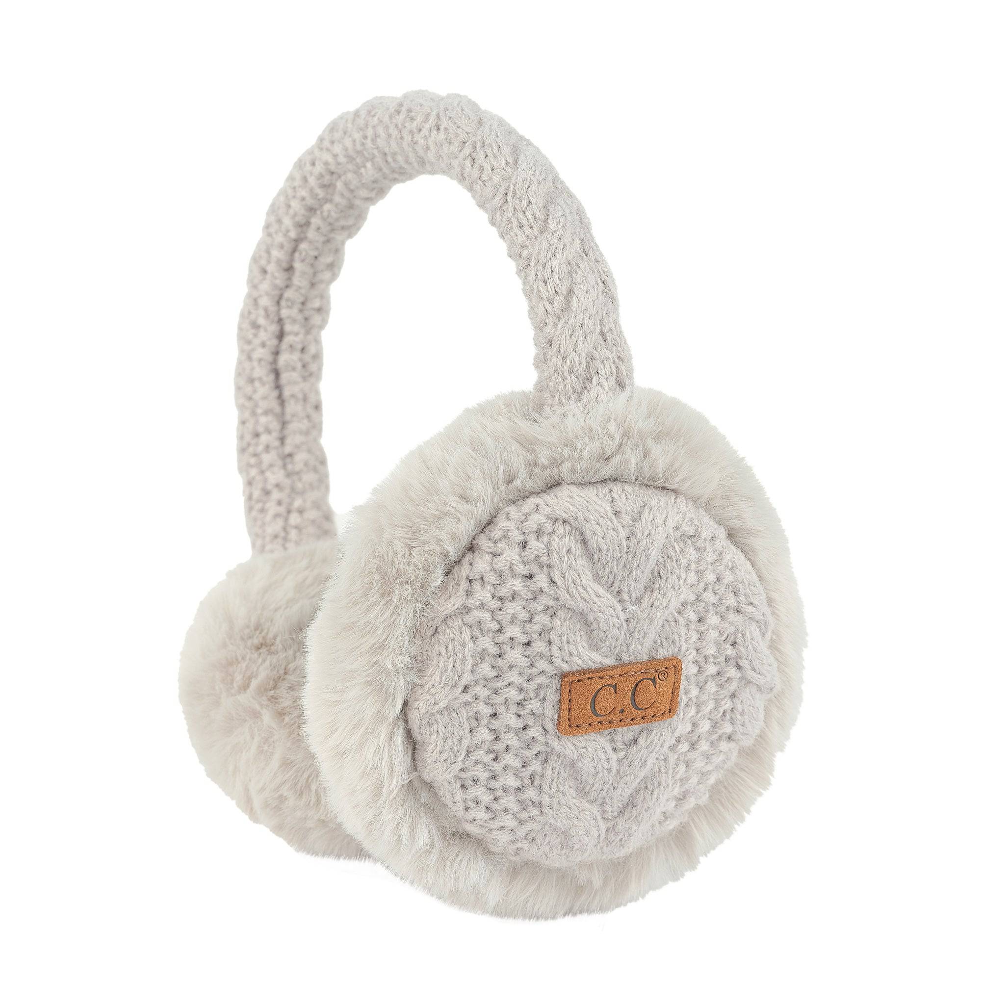 CC Cable Knit Earmuffs with cozy sherpa lining, adjustable fit, and stylish cable knit design in various colors.