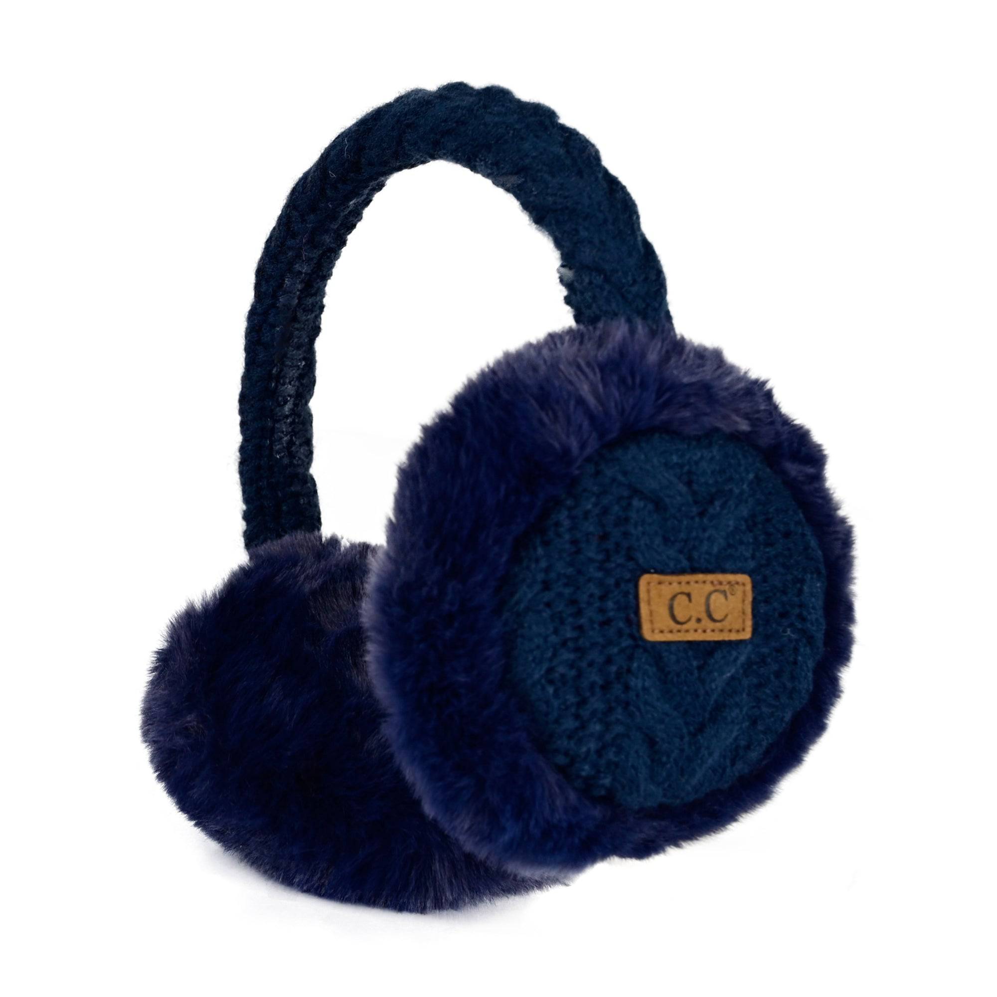 CC Cable Knit Earmuffs with cozy sherpa lining, adjustable fit, and stylish cable knit design in various colors.