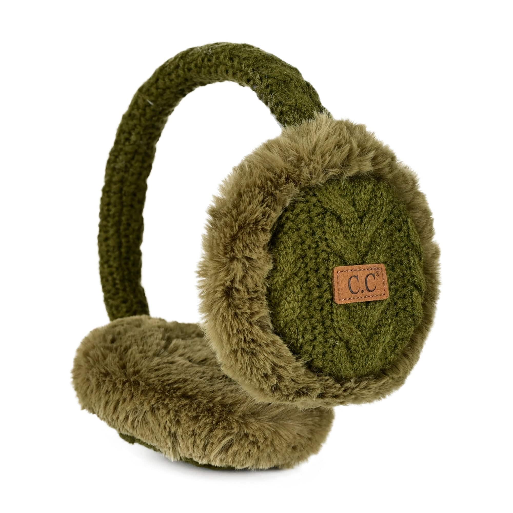 CC Cable Knit Earmuffs with cozy sherpa lining, adjustable fit, and stylish cable knit design in various colors.