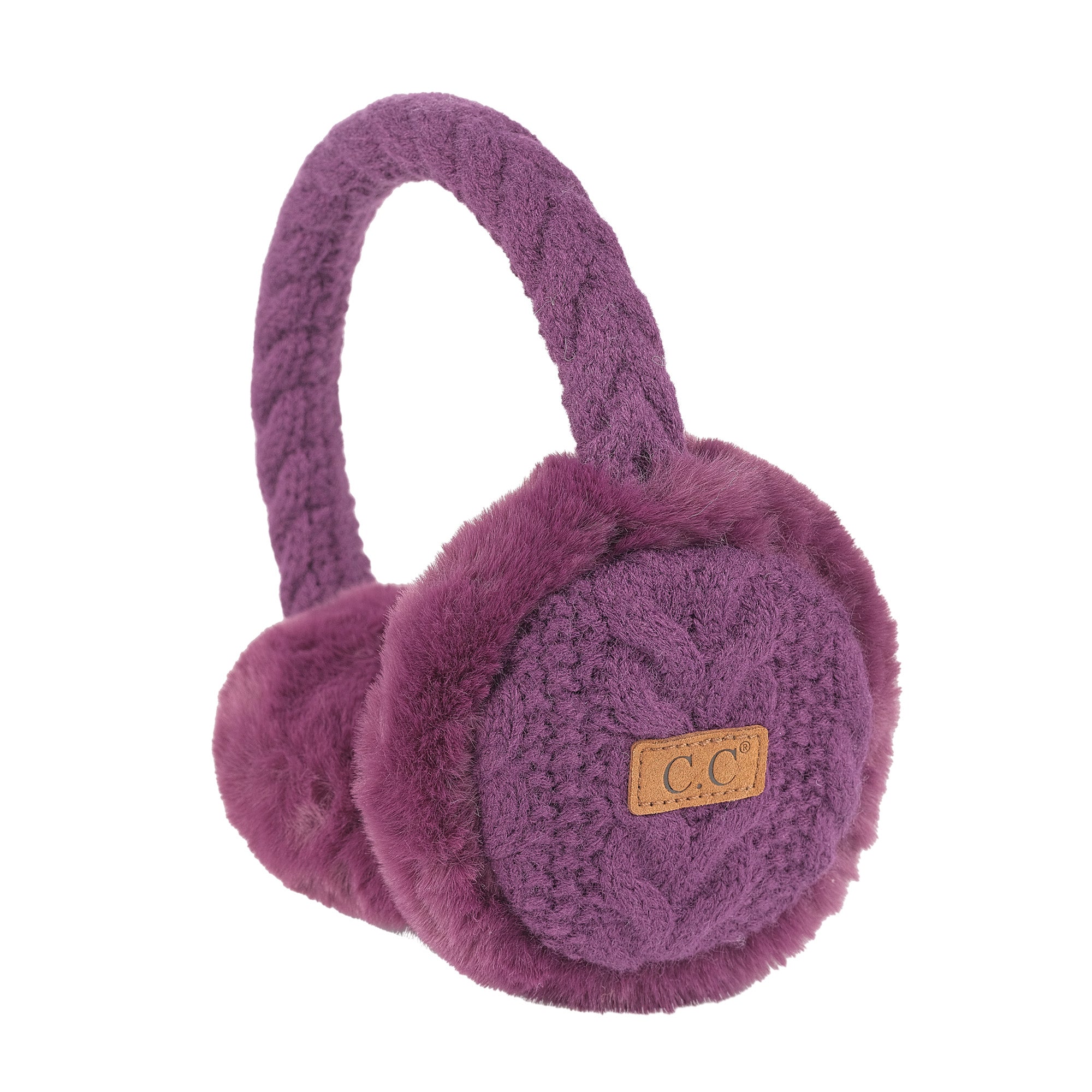 CC Cable Knit Earmuffs with cozy sherpa lining, adjustable fit, and stylish cable knit design in various colors.