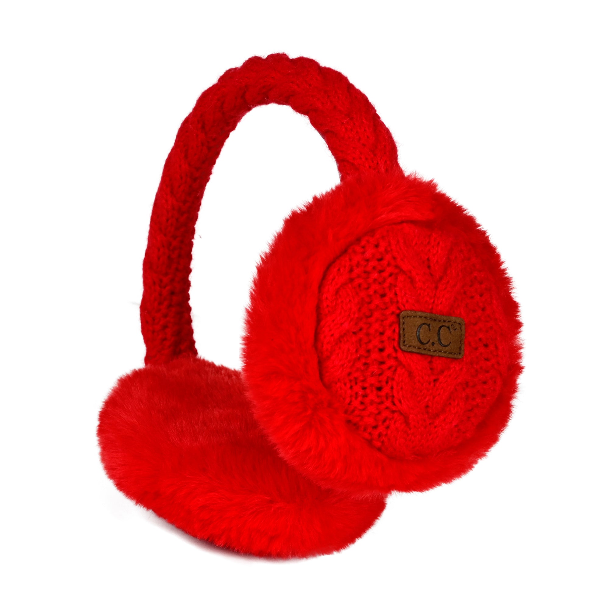 CC Cable Knit Earmuffs with cozy sherpa lining, adjustable fit, and stylish cable knit design in various colors.