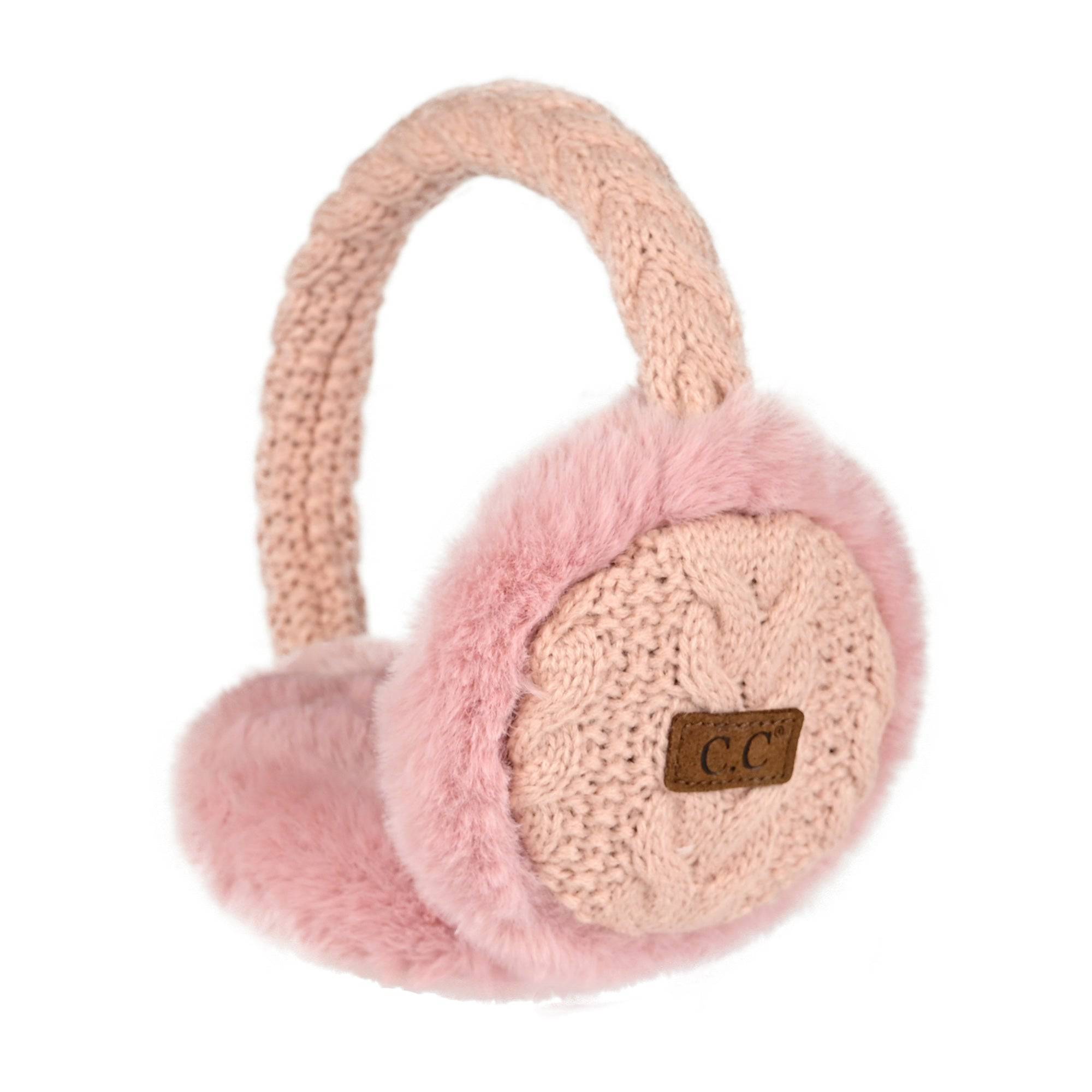 CC Cable Knit Earmuffs with cozy sherpa lining, adjustable fit, and stylish cable knit design in various colors.