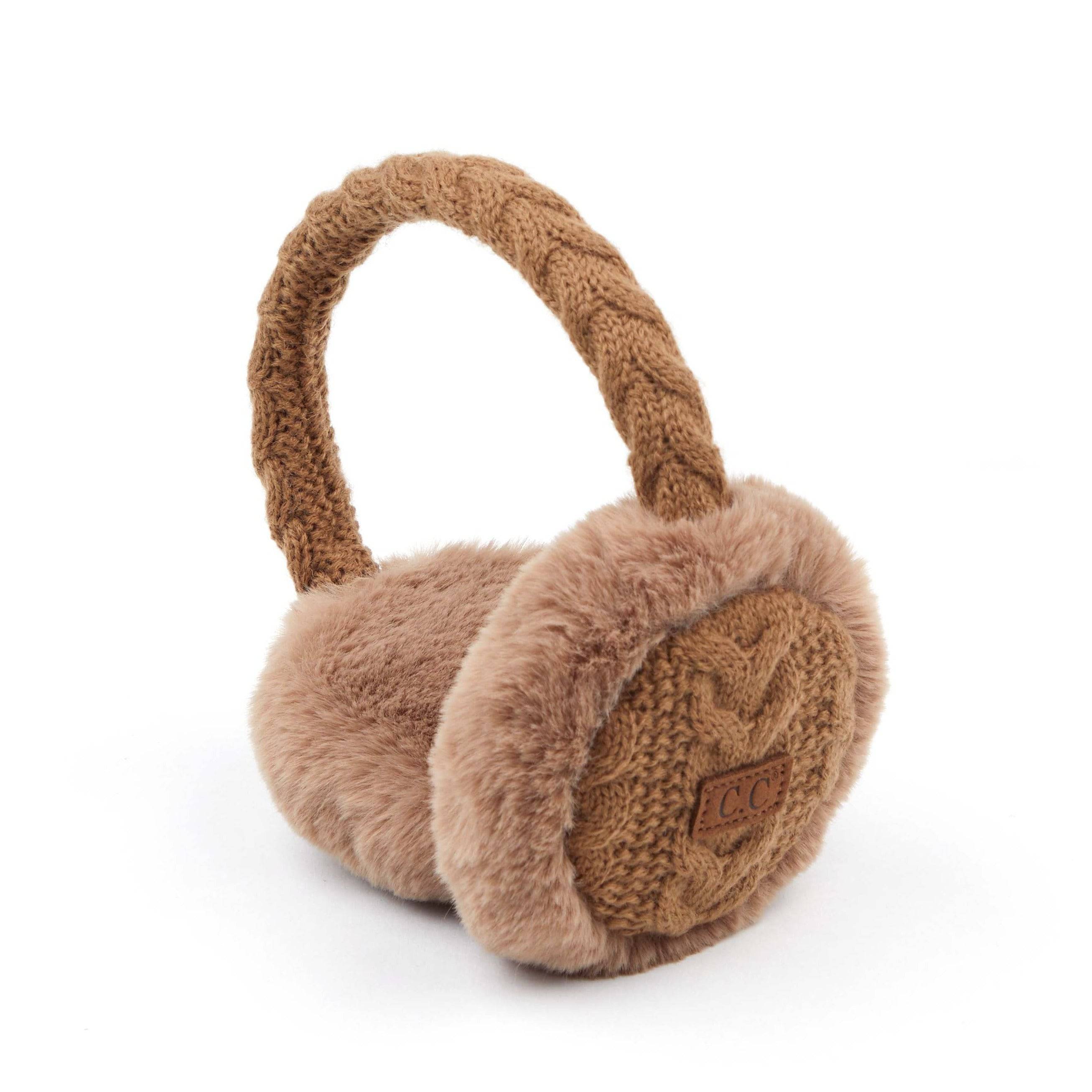 CC Cable Knit Earmuffs with cozy sherpa lining, adjustable fit, and stylish cable knit design in various colors.