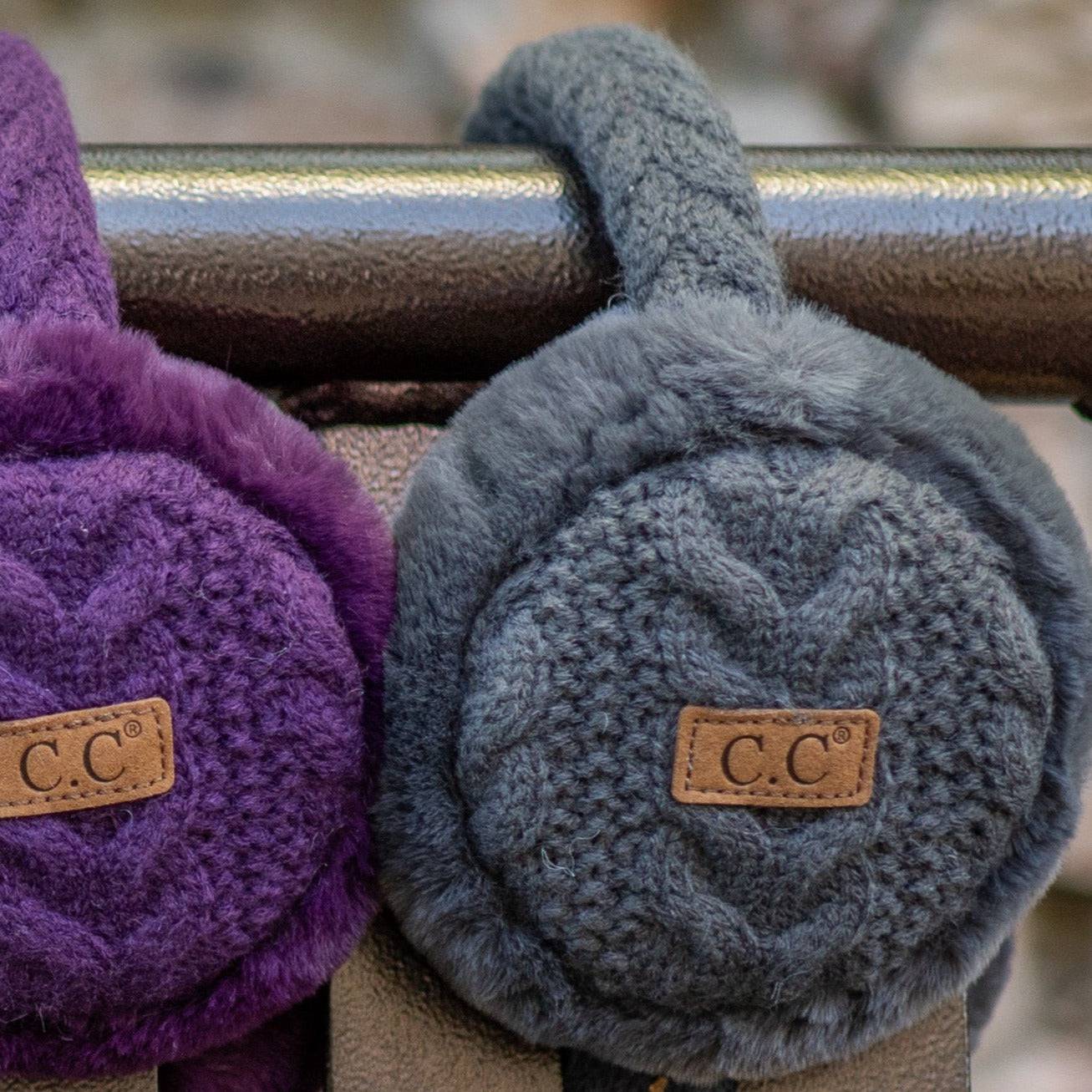 CC Cable Knit Earmuffs with cozy sherpa lining, adjustable fit, and stylish cable knit design in various colors.