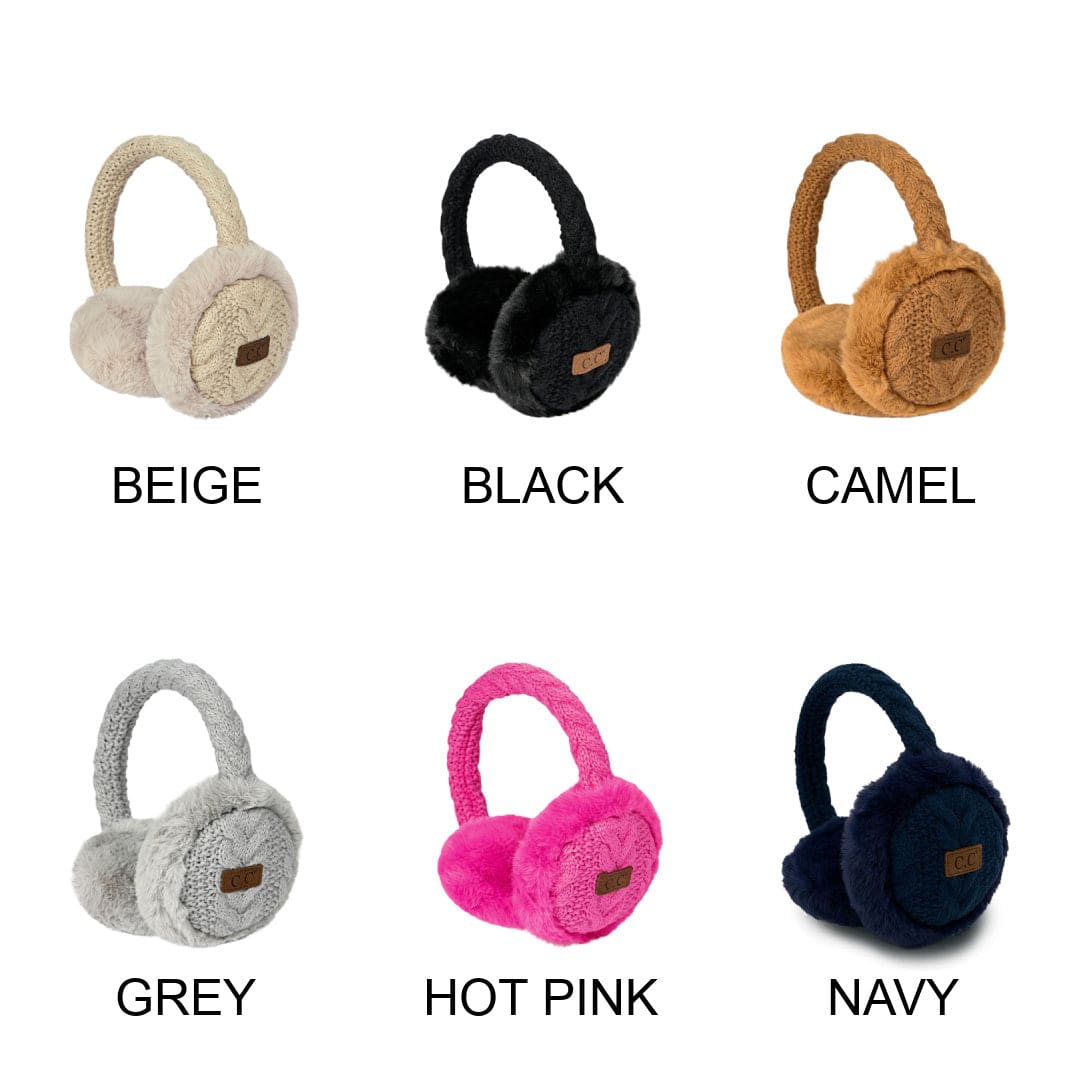 CC Cable Knit Earmuffs with cozy sherpa lining, adjustable fit, and stylish cable knit design in various colors.