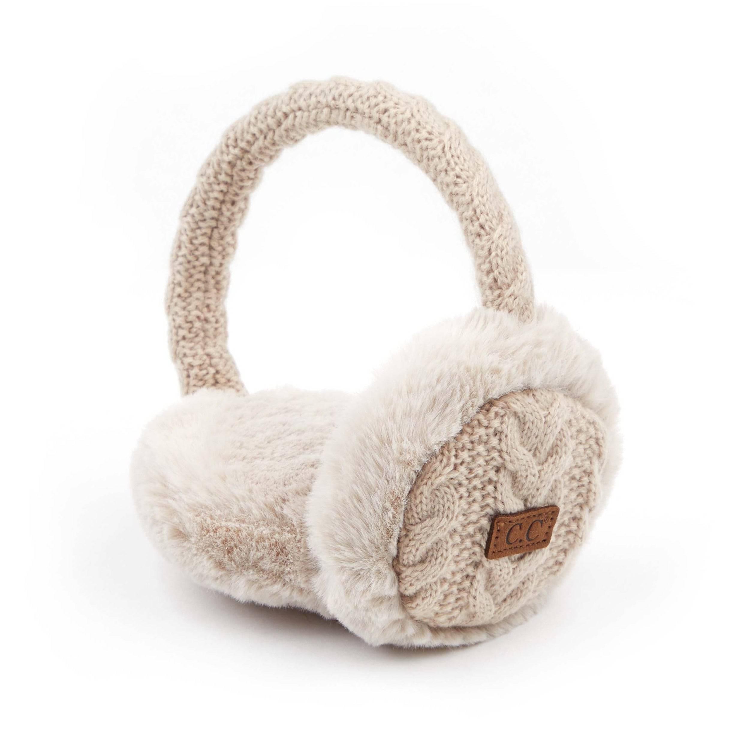 CC Cable Knit Earmuffs with cozy sherpa lining, adjustable fit, and stylish cable knit design in various colors.