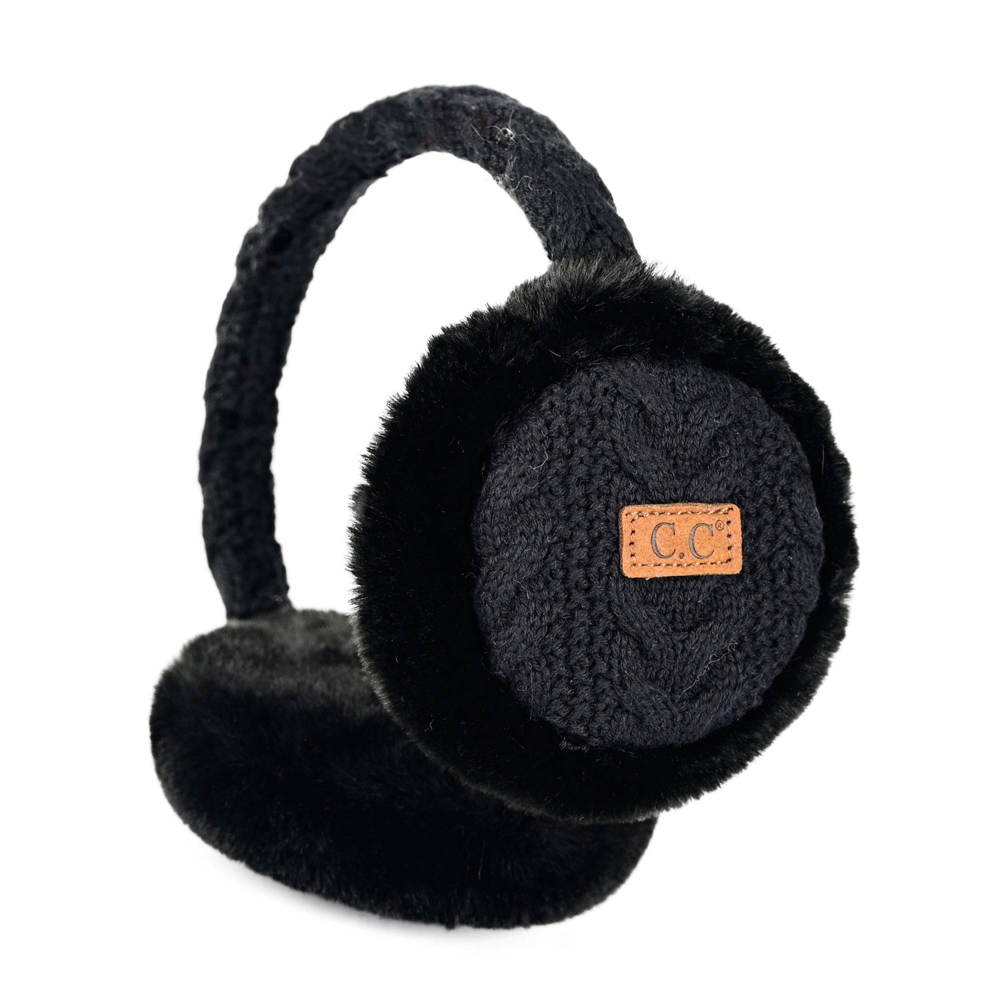 CC Cable Knit Earmuffs with cozy sherpa lining, adjustable fit, and stylish cable knit design in various colors.