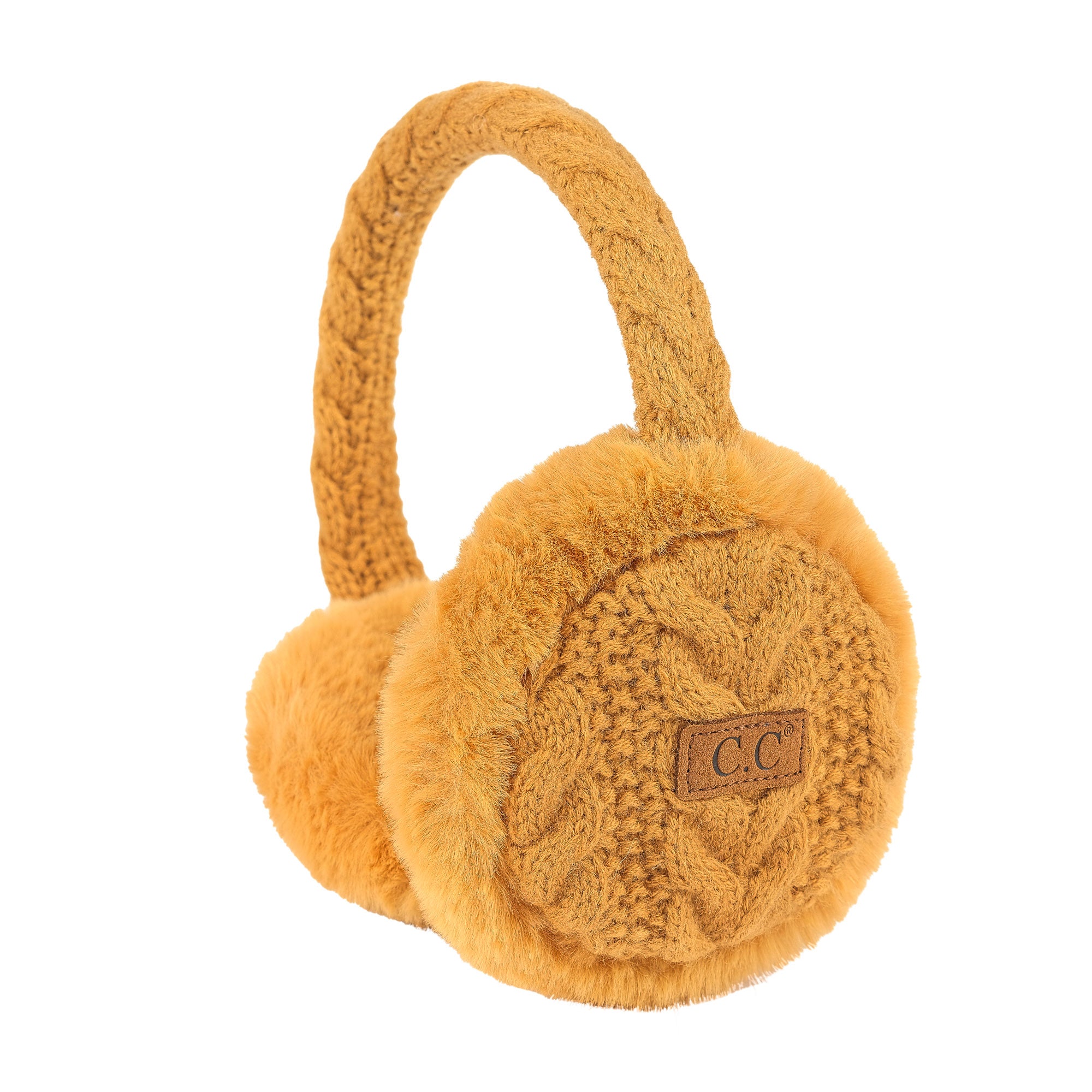 CC Cable Knit Earmuffs with cozy sherpa lining, adjustable fit, and stylish cable knit design in various colors.