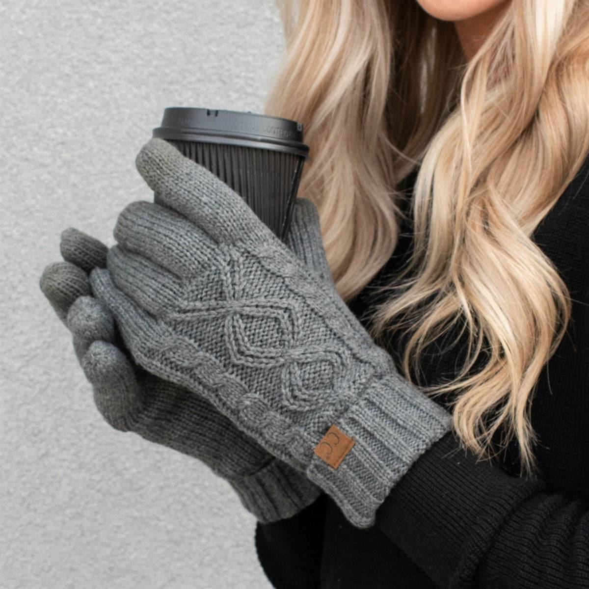 CC Cable Knit Fleece Lined Gloves in stylish cable knit design, featuring warm fleece lining and touchscreen compatible fingertips.