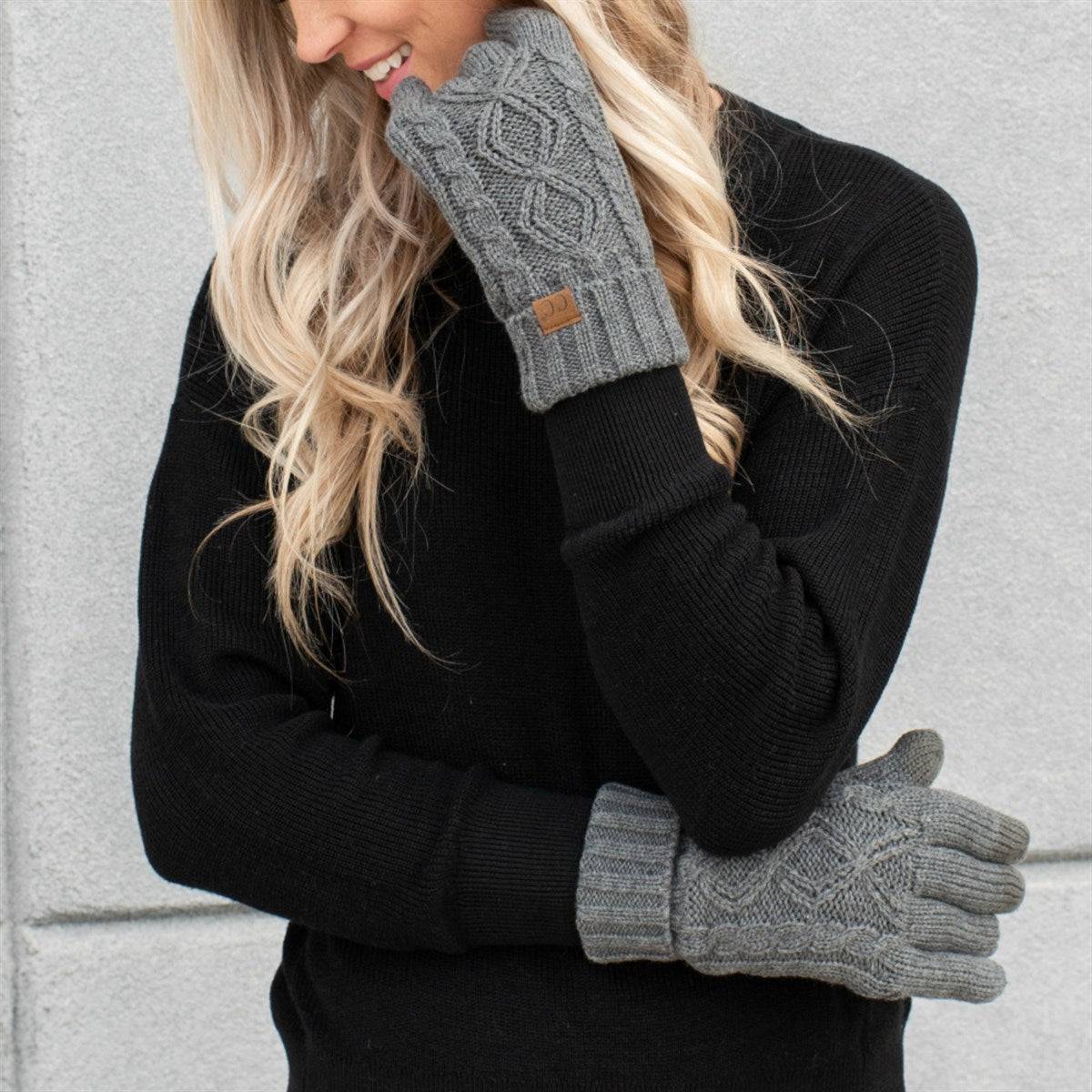 CC Cable Knit Fleece Lined Gloves in stylish cable knit design, featuring warm fleece lining and touchscreen compatible fingertips.