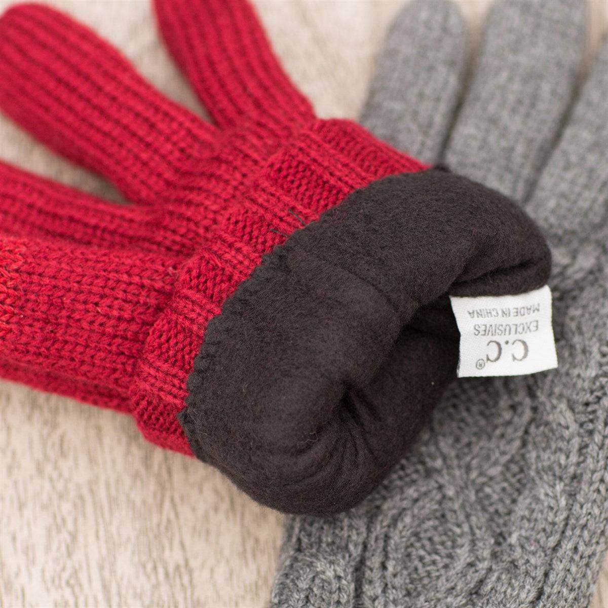 CC Cable Knit Fleece Lined Gloves in stylish cable knit design, featuring warm fleece lining and touchscreen compatible fingertips.