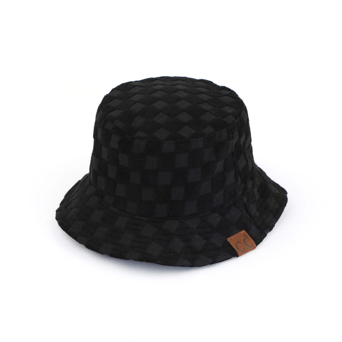 CC Checkered Terry Cloth Bucket hat featuring a stylish checkered pattern, adjustable strap, and lightweight terry cloth material.