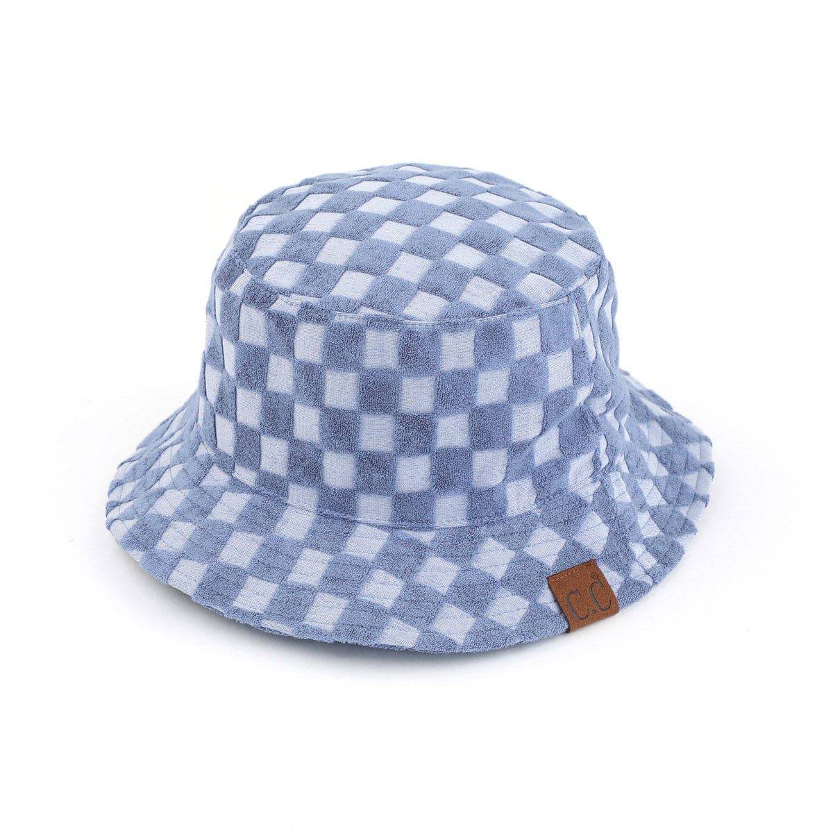 CC Checkered Terry Cloth Bucket hat featuring a stylish checkered pattern, adjustable strap, and lightweight terry cloth material.