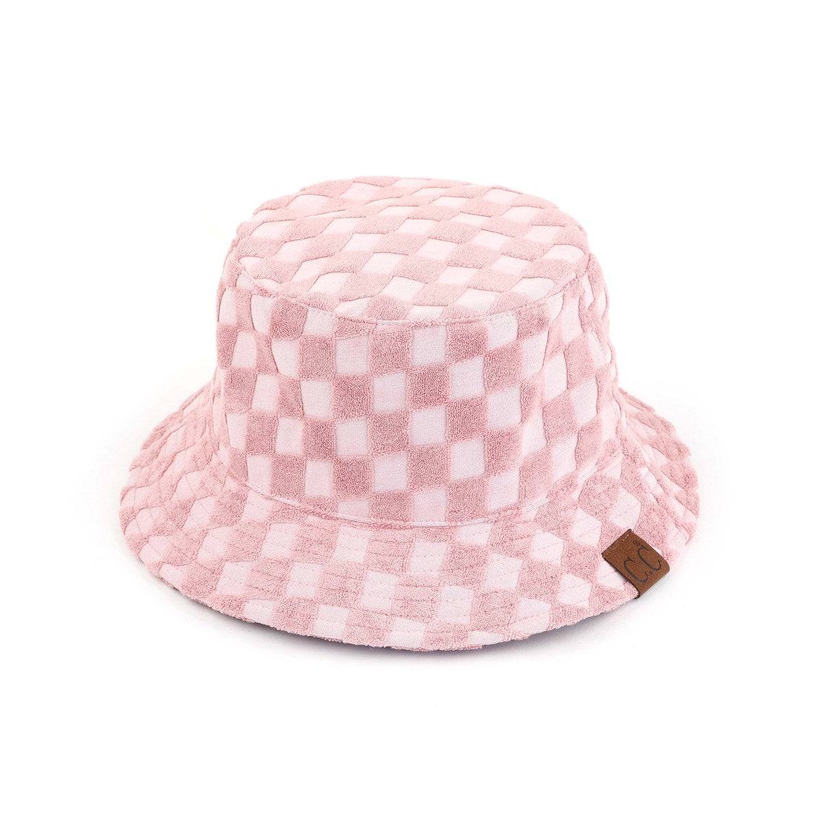 CC Checkered Terry Cloth Bucket hat featuring a stylish checkered pattern, adjustable strap, and lightweight terry cloth material.