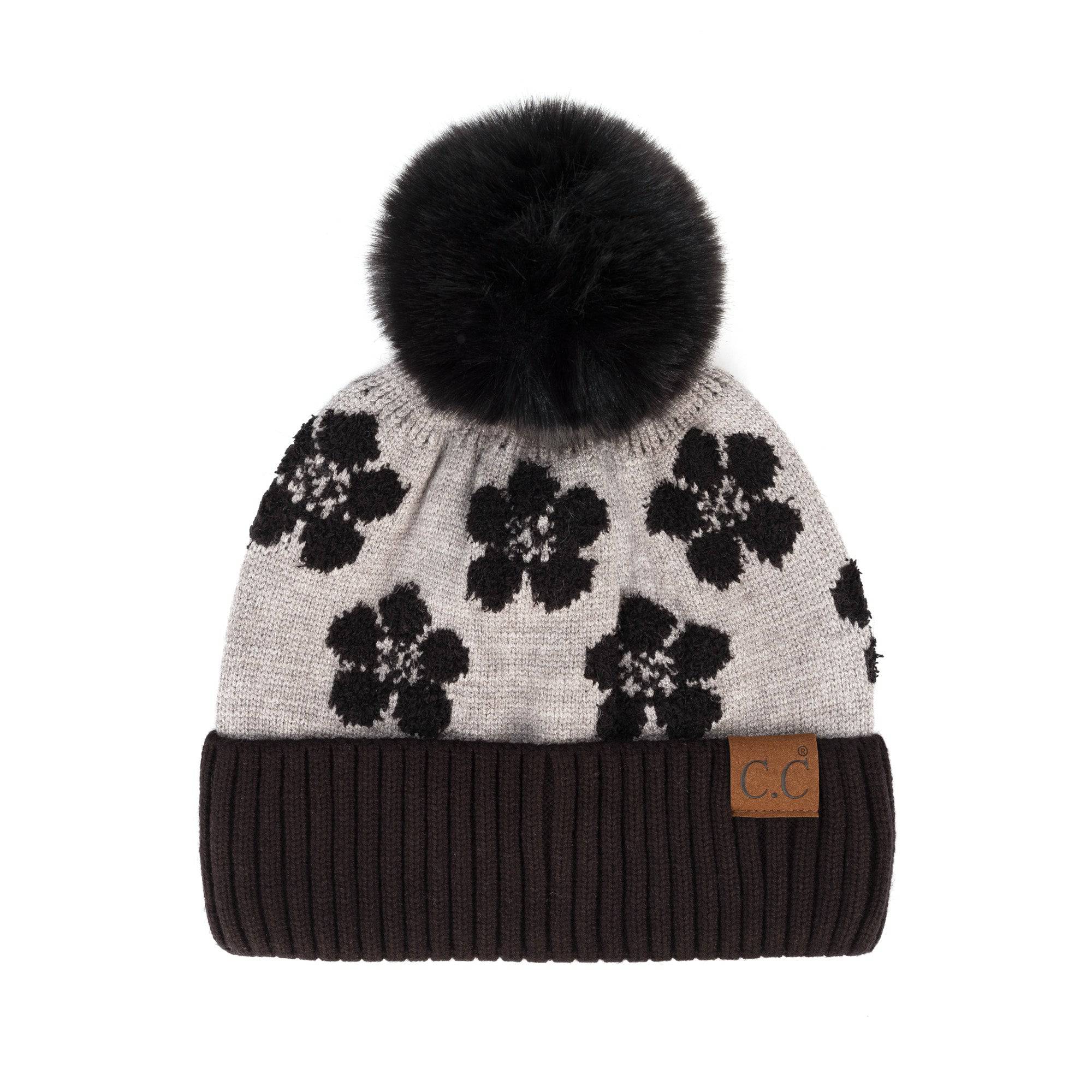 CC Chenille Daisy Pattern Beanie featuring a faux fur pom and a stylish daisy pattern, perfect for winter wear.