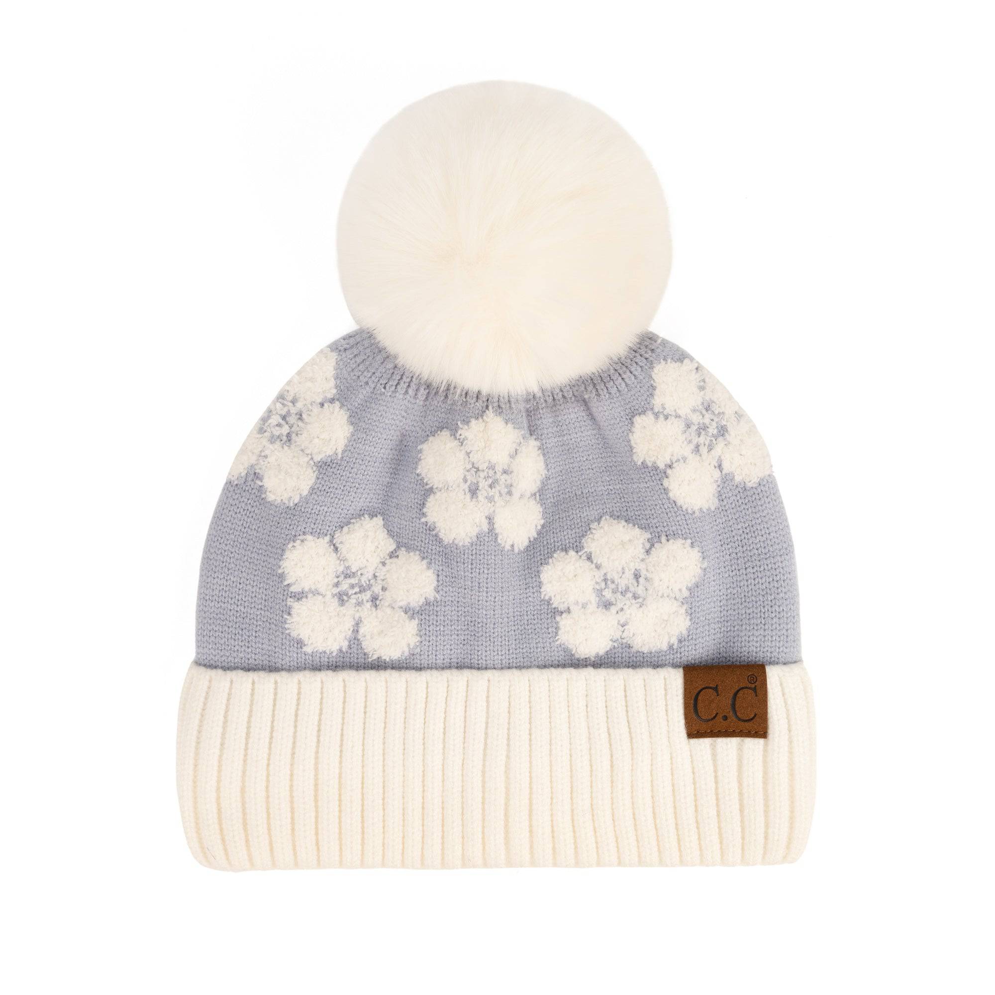 CC Chenille Daisy Pattern Beanie featuring a faux fur pom and a stylish daisy pattern, perfect for winter wear.