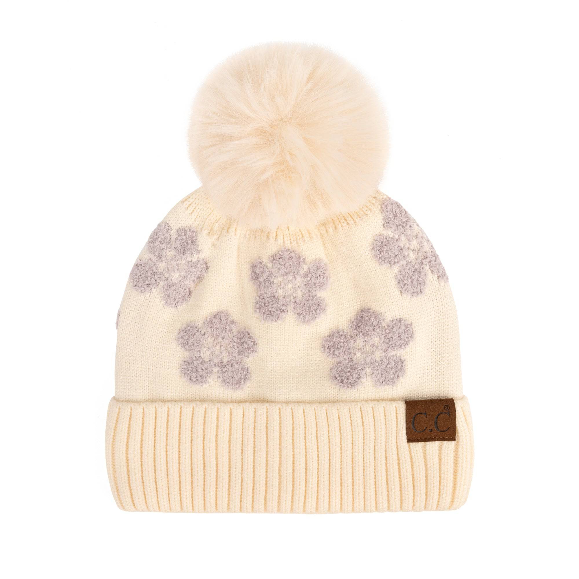 CC Chenille Daisy Pattern Beanie featuring a faux fur pom and a stylish daisy pattern, perfect for winter wear.