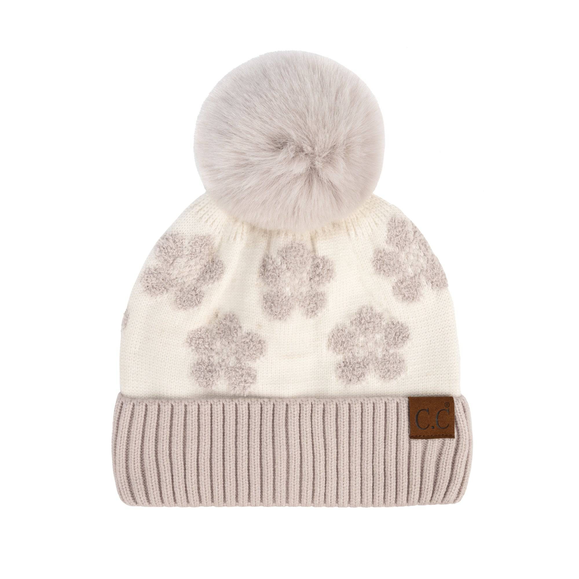 CC Chenille Daisy Pattern Beanie featuring a faux fur pom and a stylish daisy pattern, perfect for winter wear.