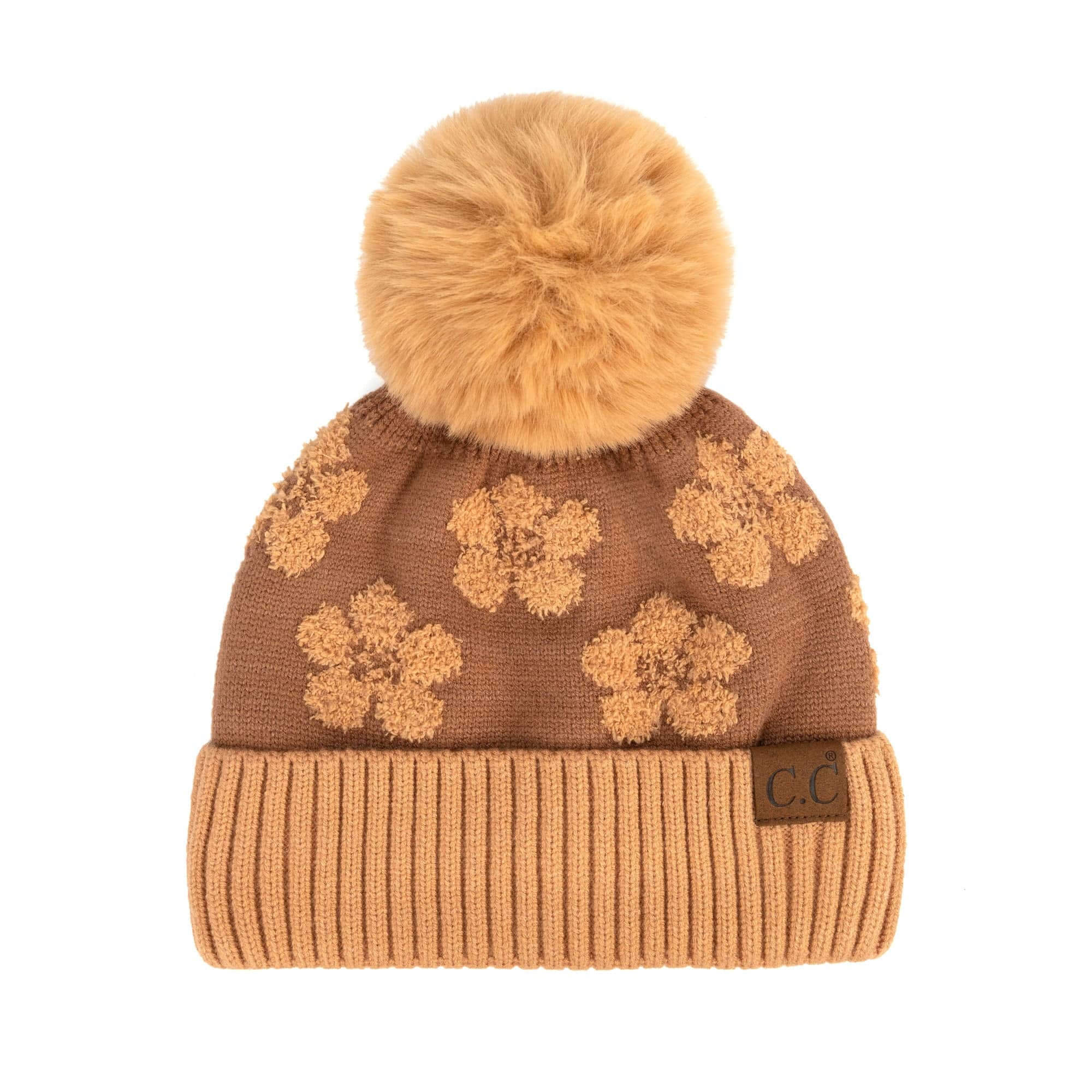 CC Chenille Daisy Pattern Beanie featuring a faux fur pom and a stylish daisy pattern, perfect for winter wear.