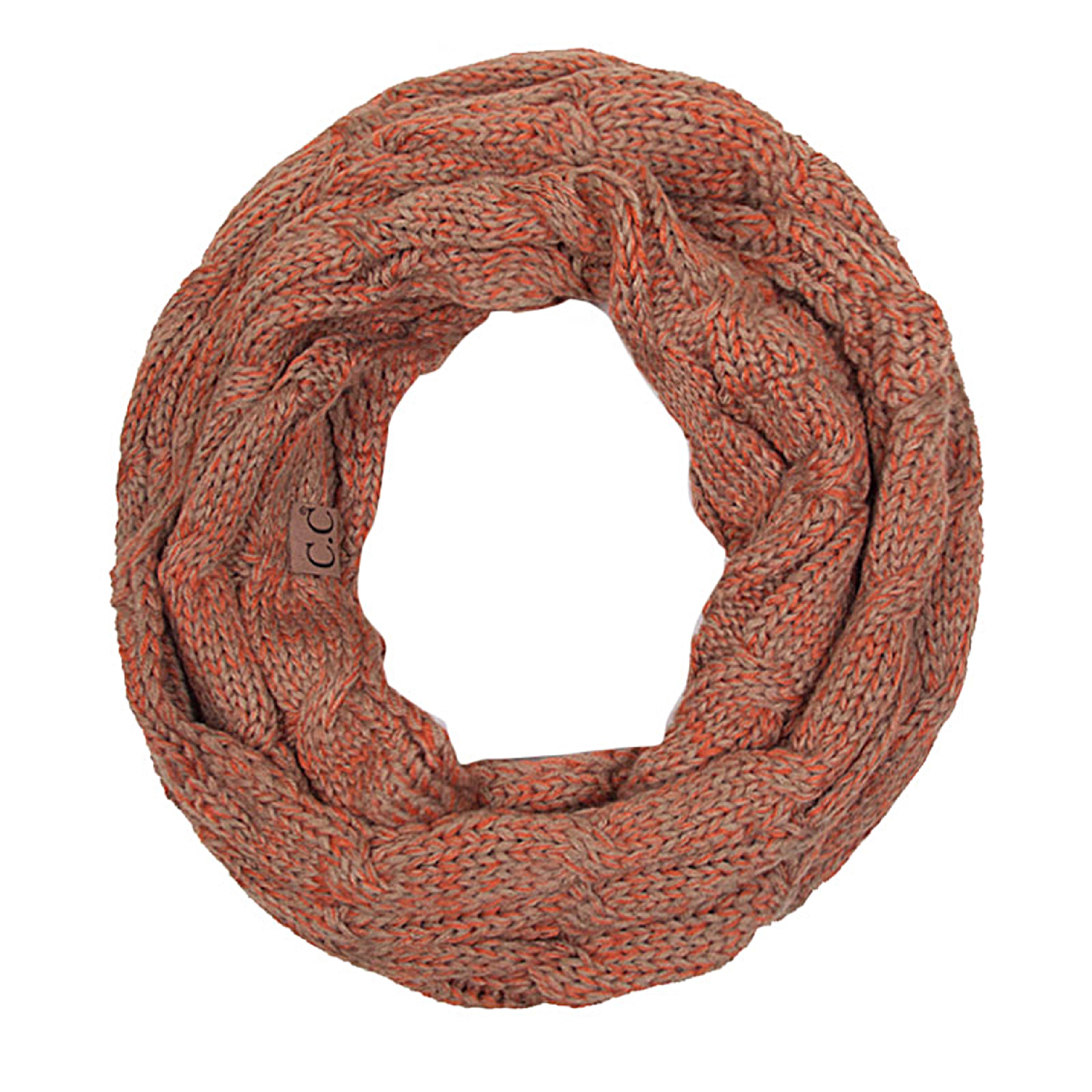 CC Comfy Infinity Scarf in two-tone design, showcasing authentic C.C. branding and soft acrylic material.