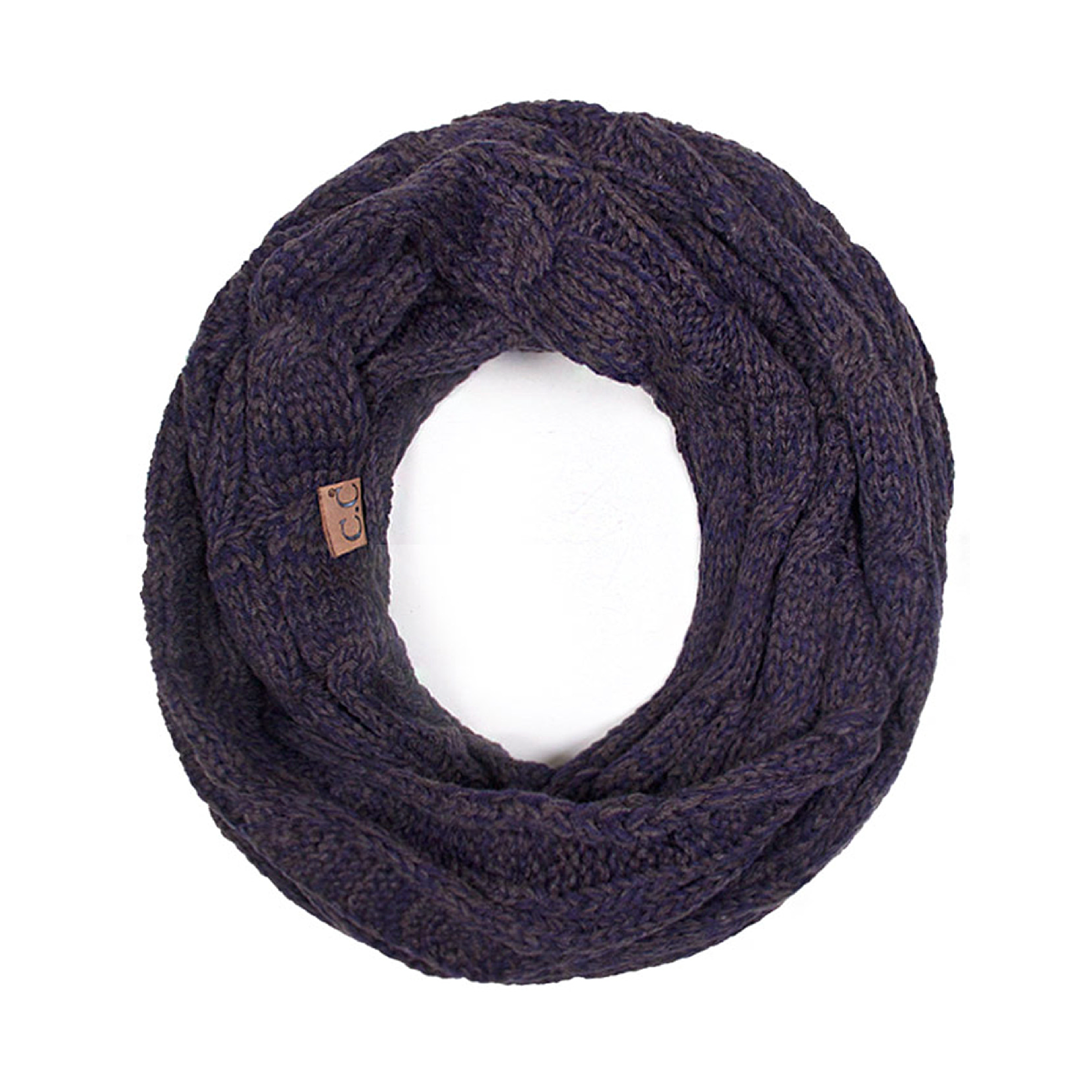 CC Comfy Infinity Scarf in two-tone design, showcasing authentic C.C. branding and soft acrylic material.