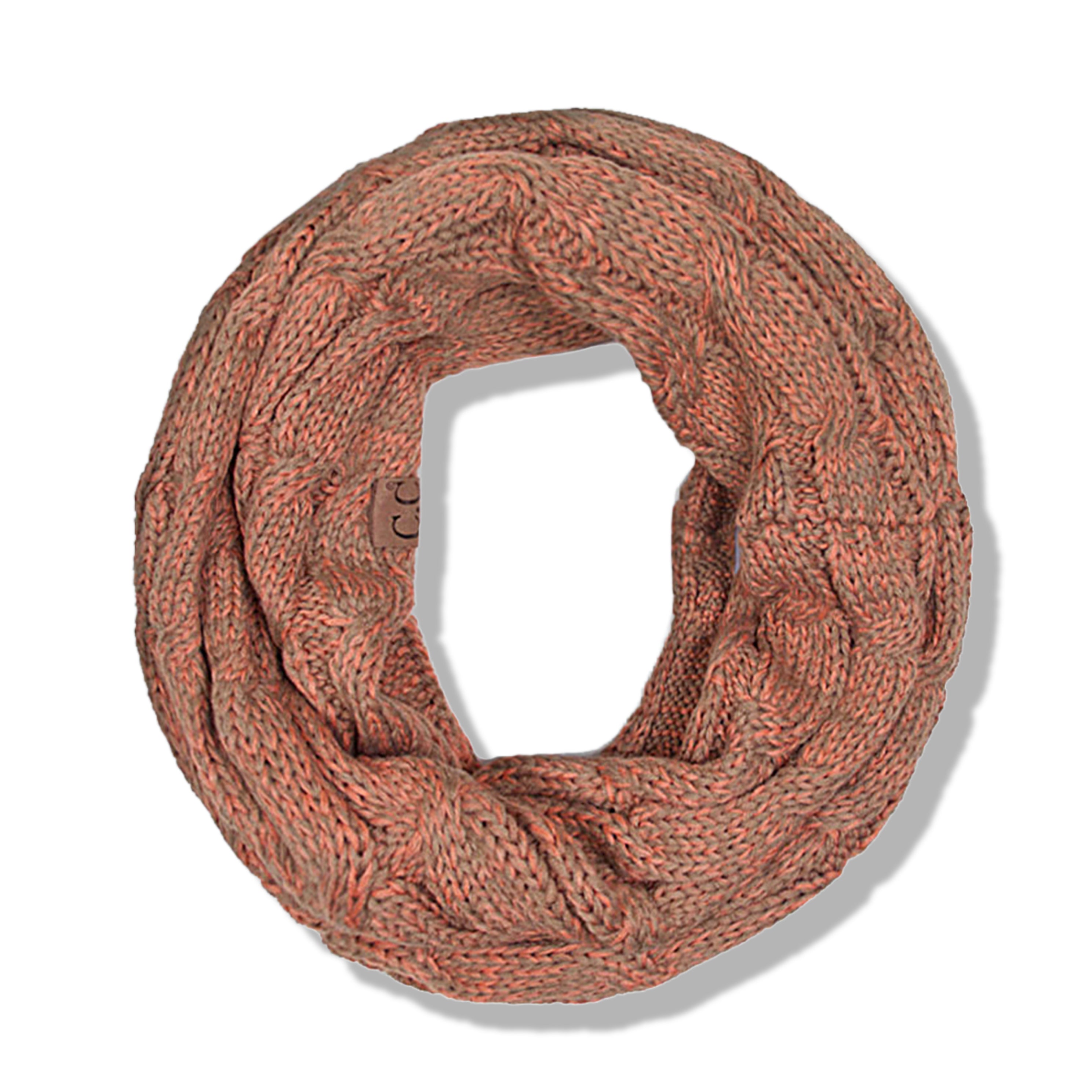 CC Comfy Infinity Scarf in two-tone design, showcasing authentic C.C. branding and soft acrylic material.