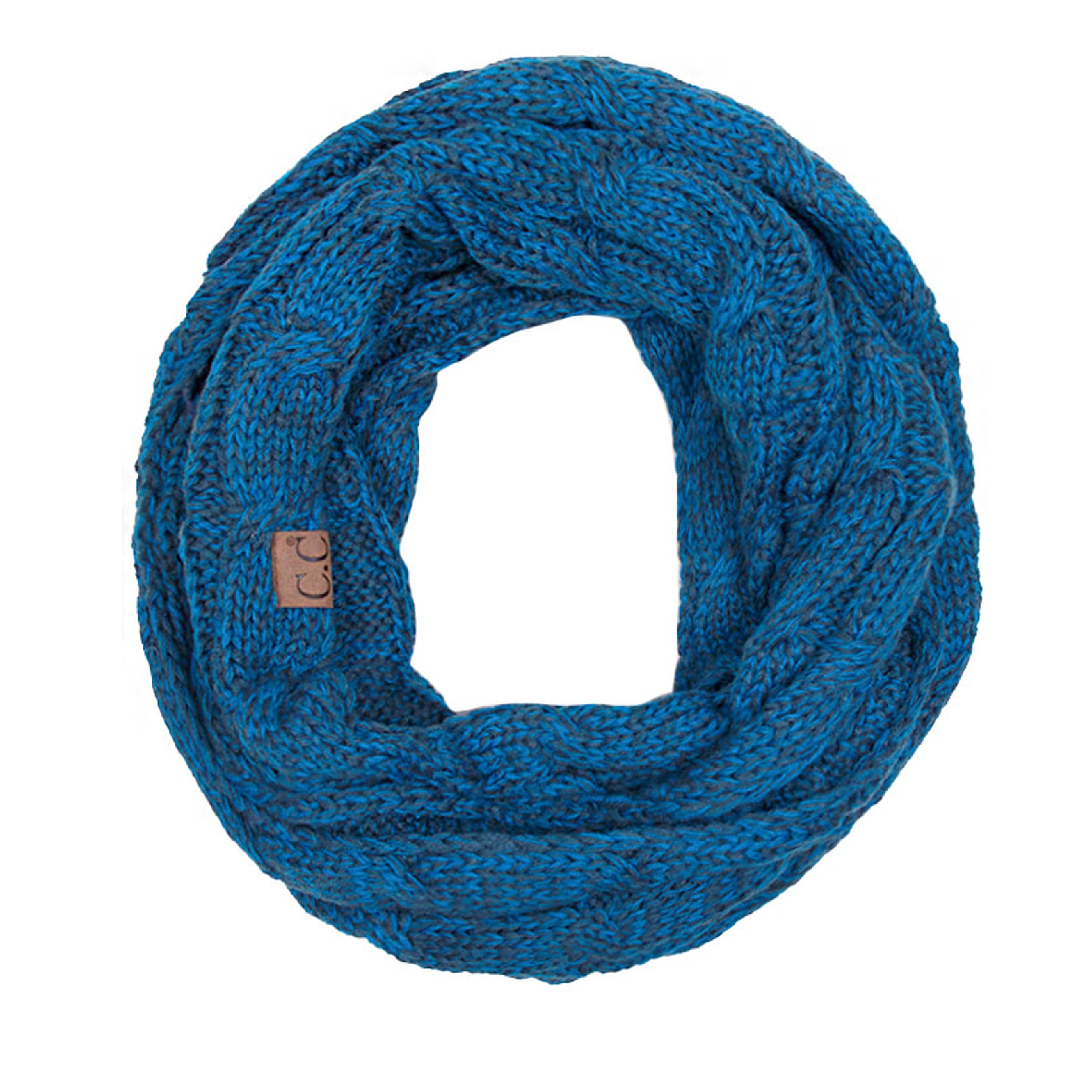 CC Comfy Infinity Scarf in two-tone design, showcasing authentic C.C. branding and soft acrylic material.