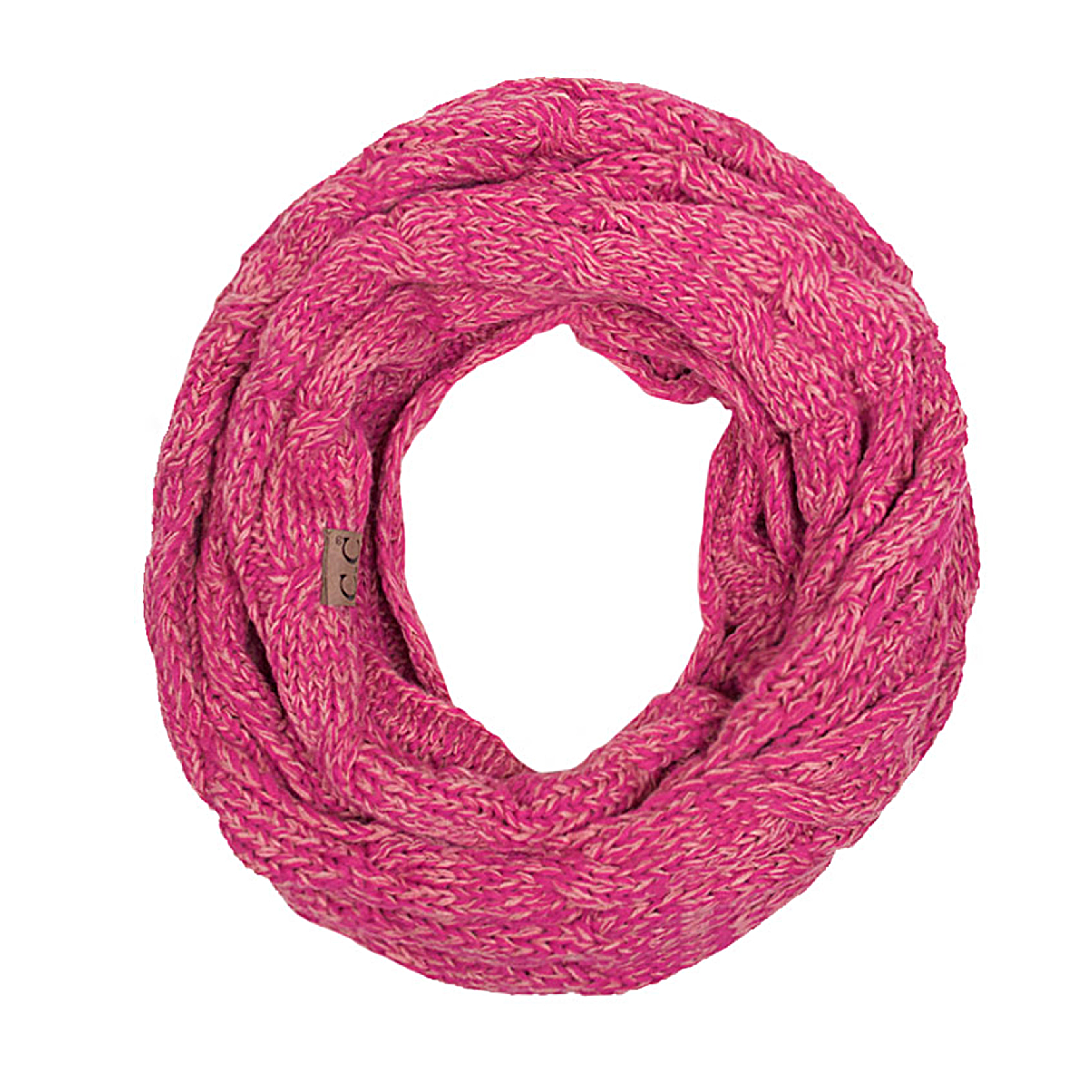 CC Comfy Infinity Scarf in two-tone design, showcasing authentic C.C. branding and soft acrylic material.