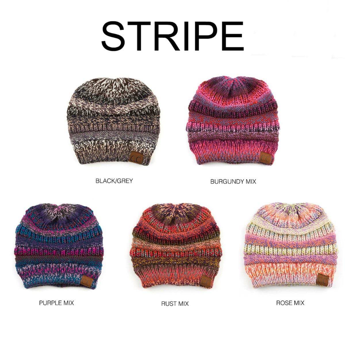 CC Comfy Striped Beanie featuring cable knit texture and multi-color yarn, perfect for cold weather.