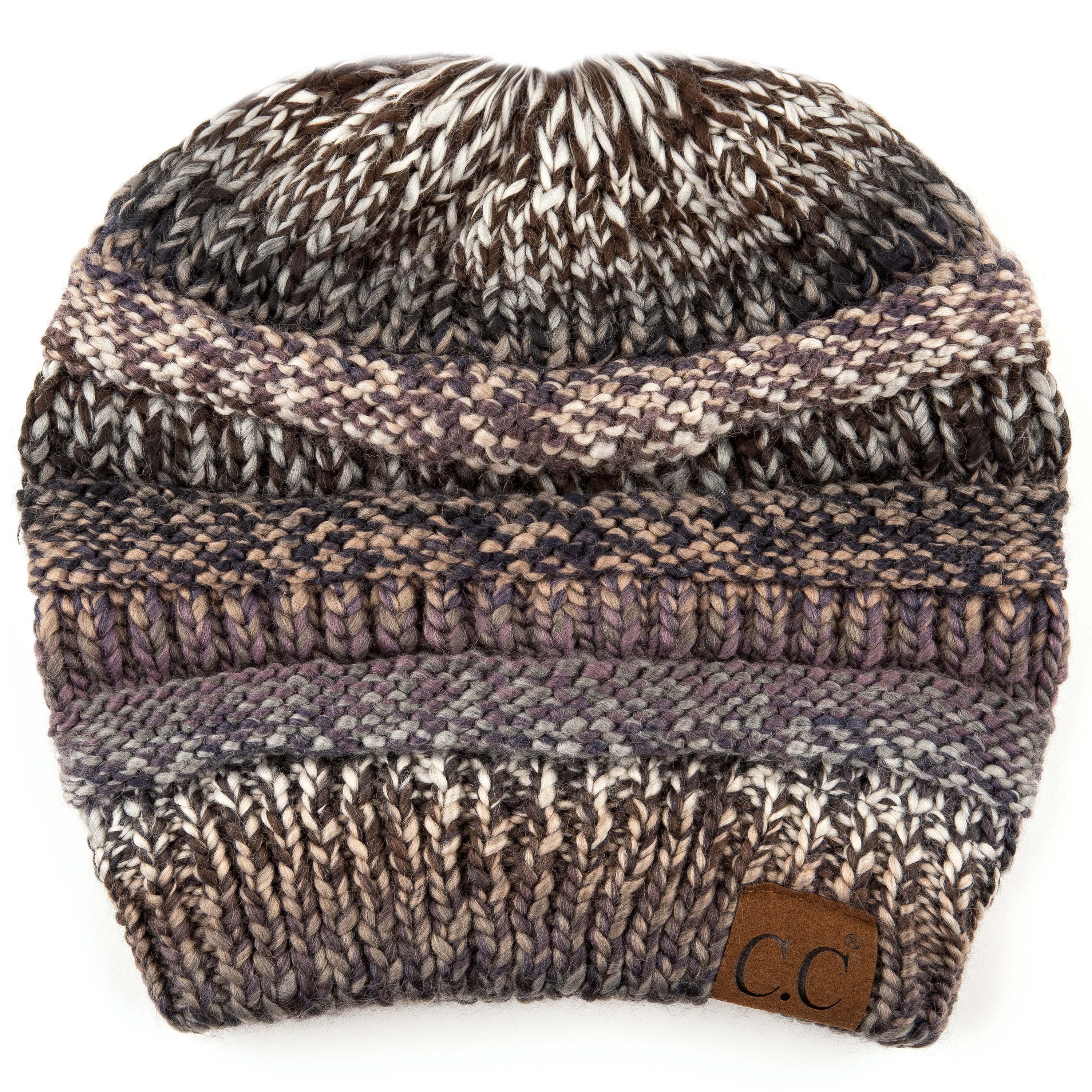 CC Comfy Striped Beanie featuring cable knit texture and multi-color yarn, perfect for cold weather.