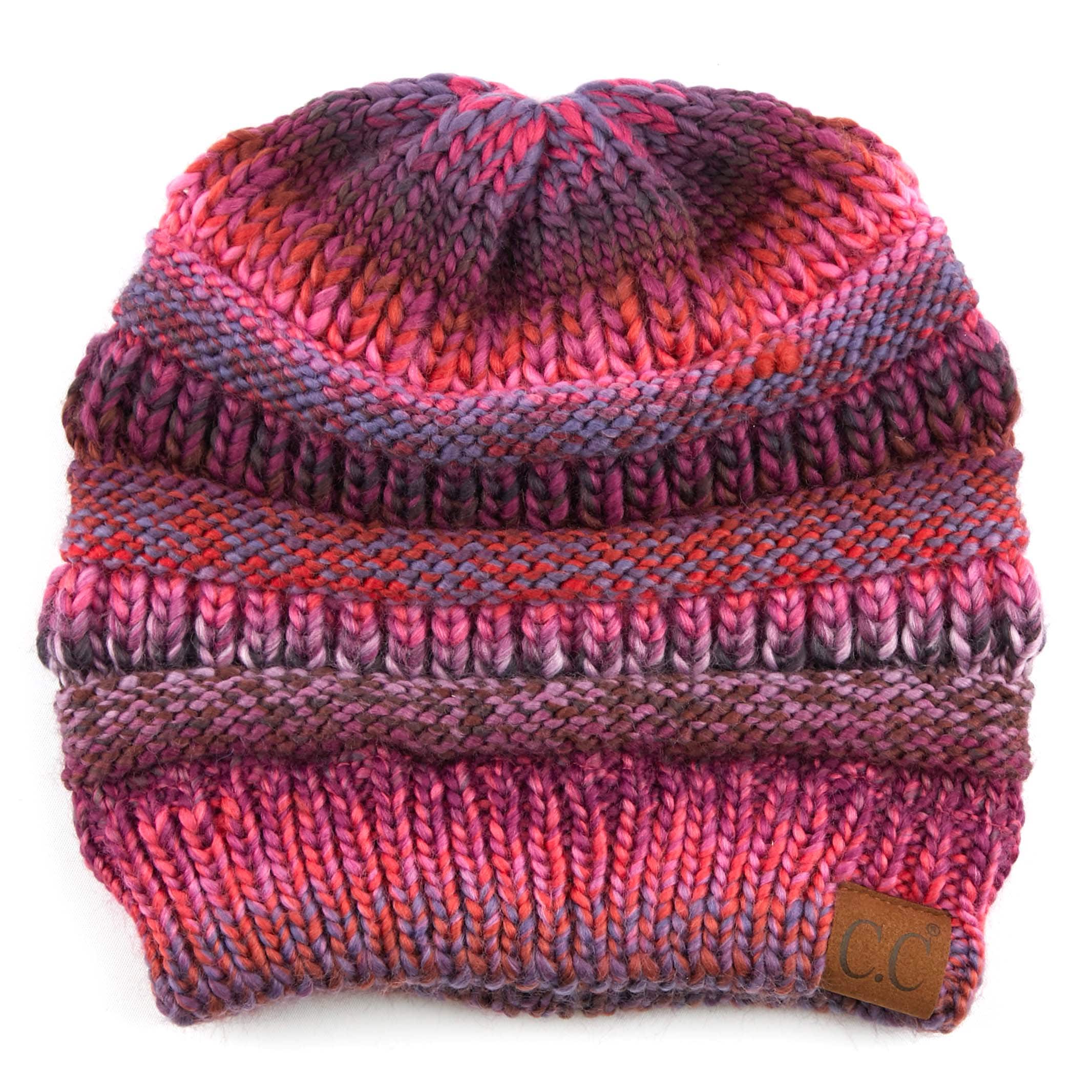 CC Comfy Striped Beanie featuring cable knit texture and multi-color yarn, perfect for cold weather.