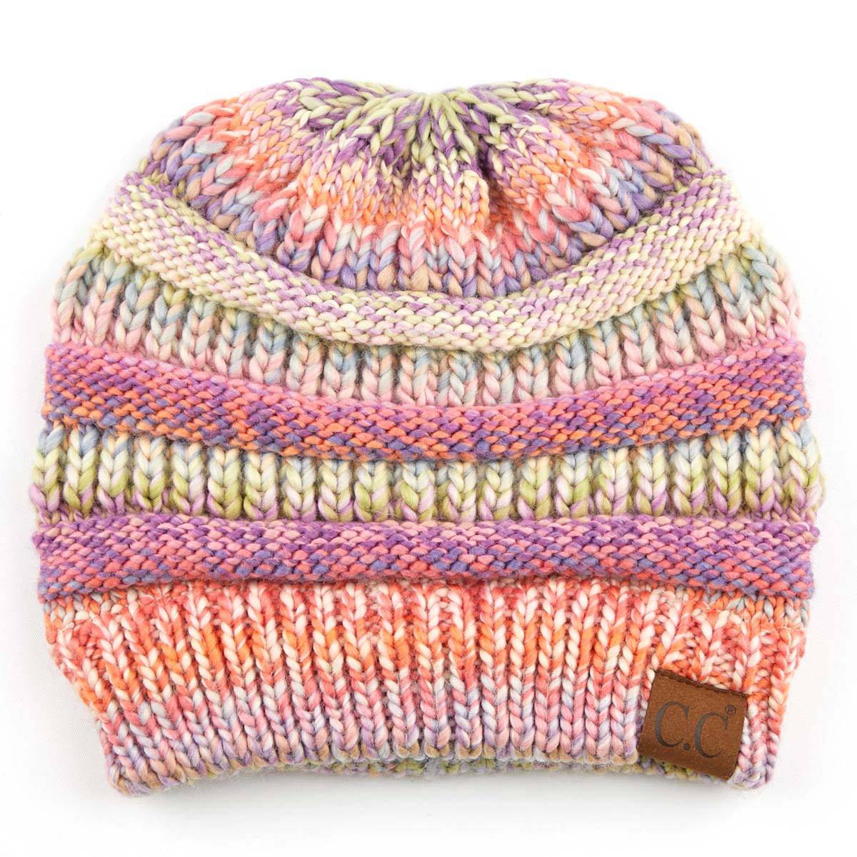 CC Comfy Striped Beanie featuring cable knit texture and multi-color yarn, perfect for cold weather.