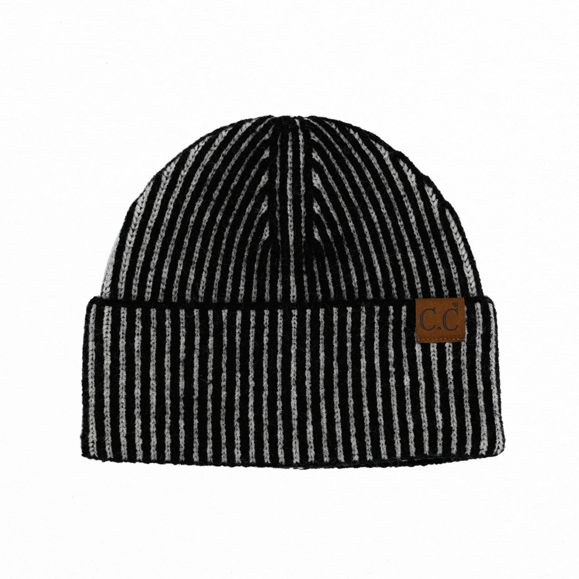 CC Contrast Cuff Cap Beanie featuring a stylish design with a 4-inch cuff, suitable for adults and teens, made from a soft polyester, acrylic, and nylon blend.