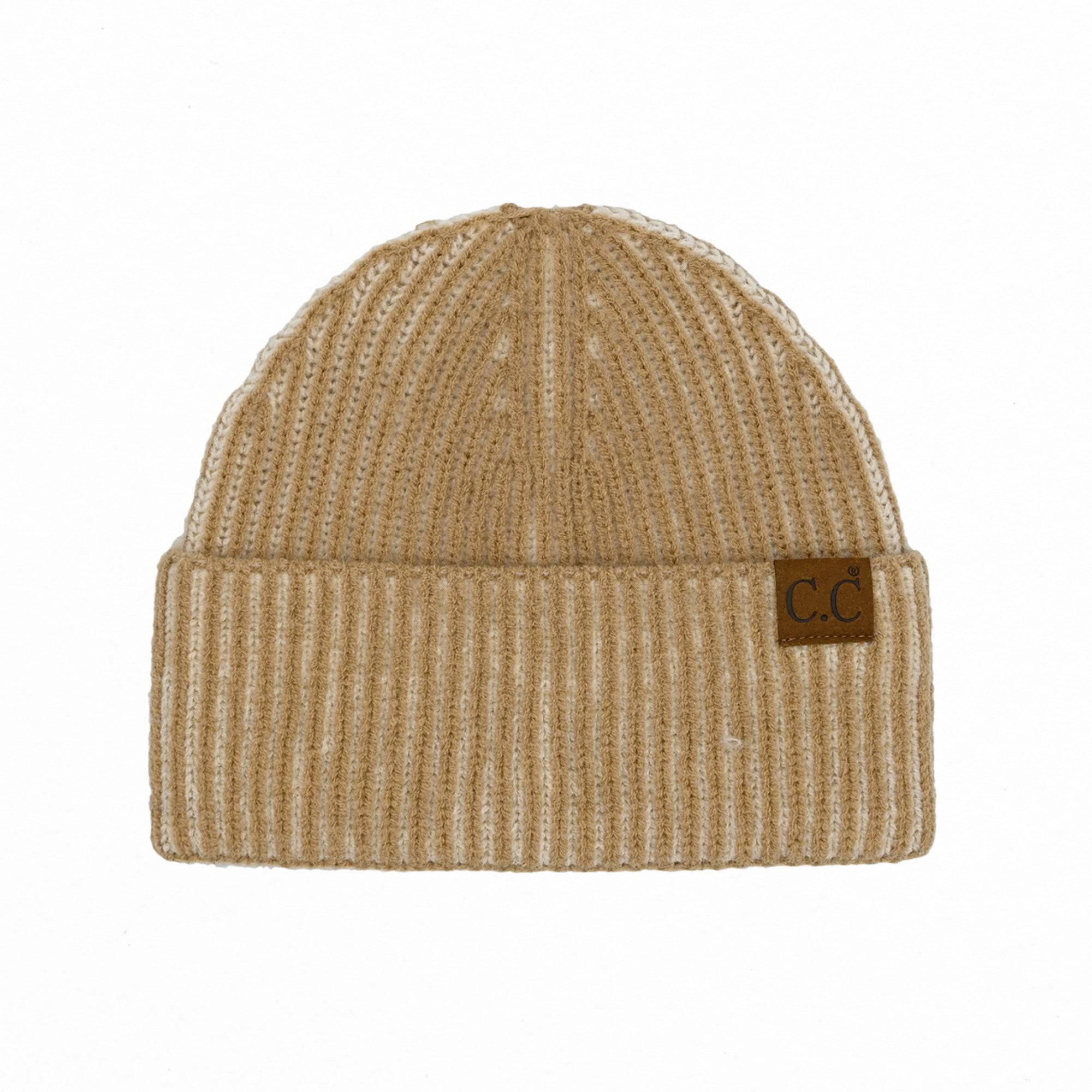 CC Contrast Cuff Cap Beanie featuring a stylish design with a 4-inch cuff, suitable for adults and teens, made from a soft polyester, acrylic, and nylon blend.