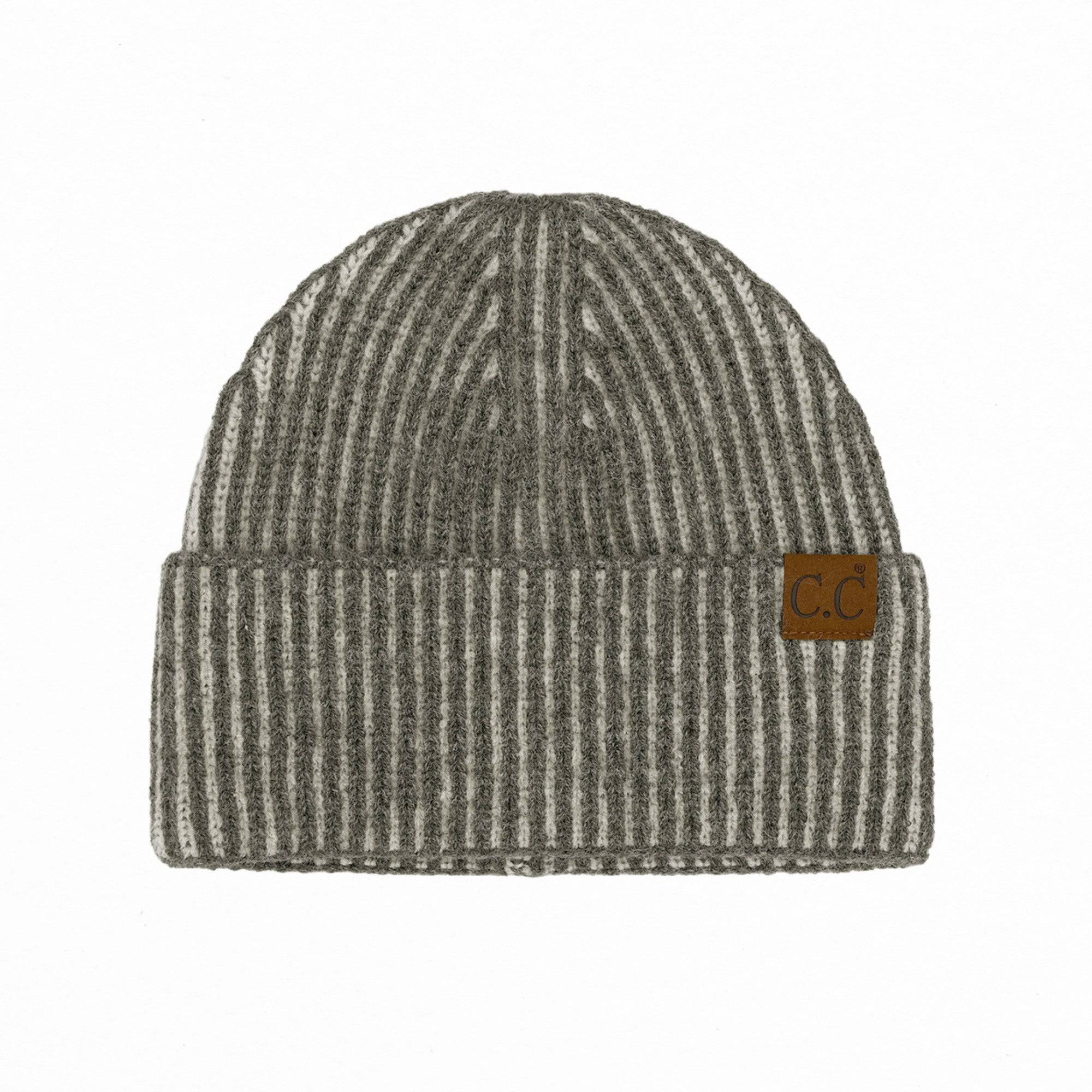 CC Contrast Cuff Cap Beanie featuring a stylish design with a 4-inch cuff, suitable for adults and teens, made from a soft polyester, acrylic, and nylon blend.