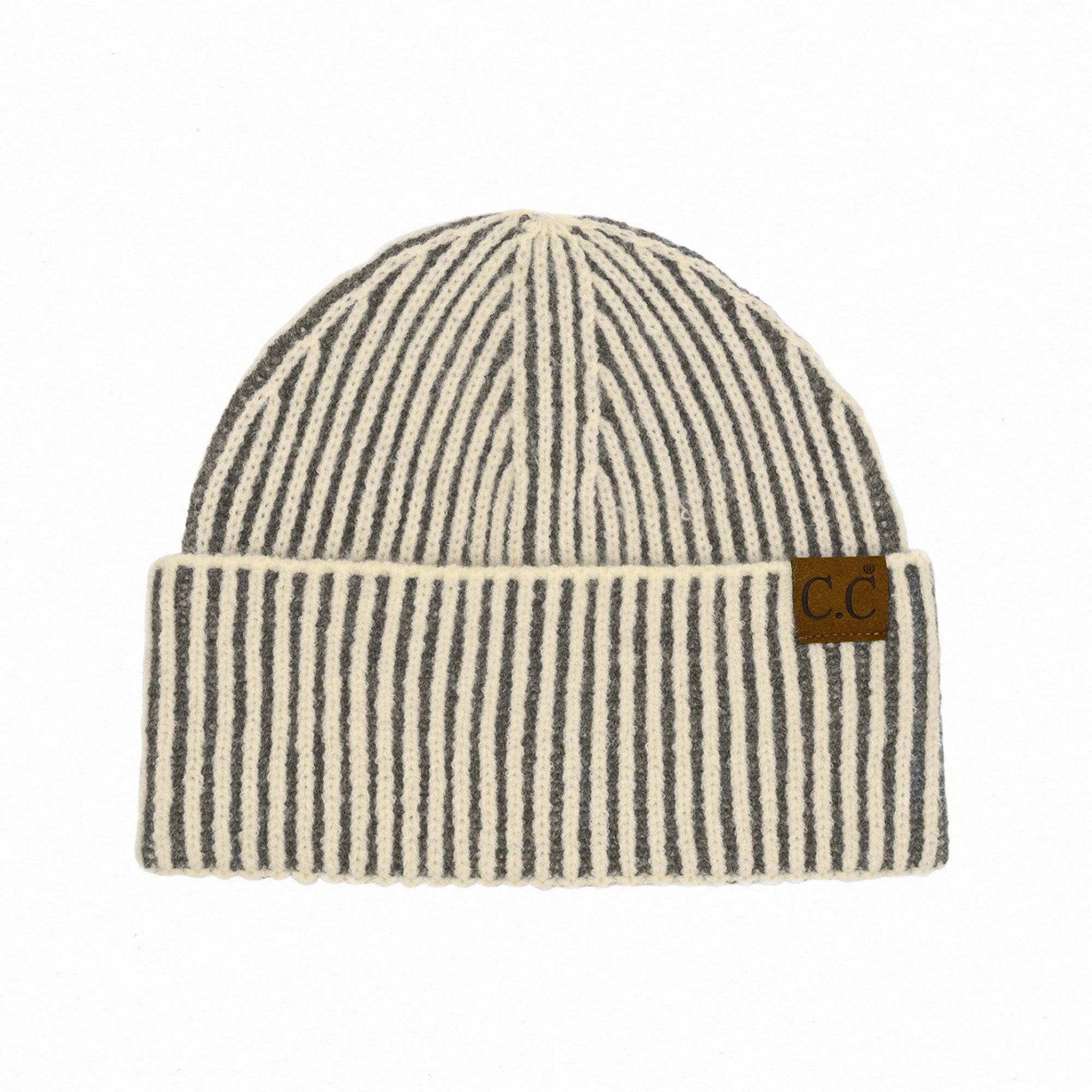 CC Contrast Cuff Cap Beanie featuring a stylish design with a 4-inch cuff, suitable for adults and teens, made from a soft polyester, acrylic, and nylon blend.