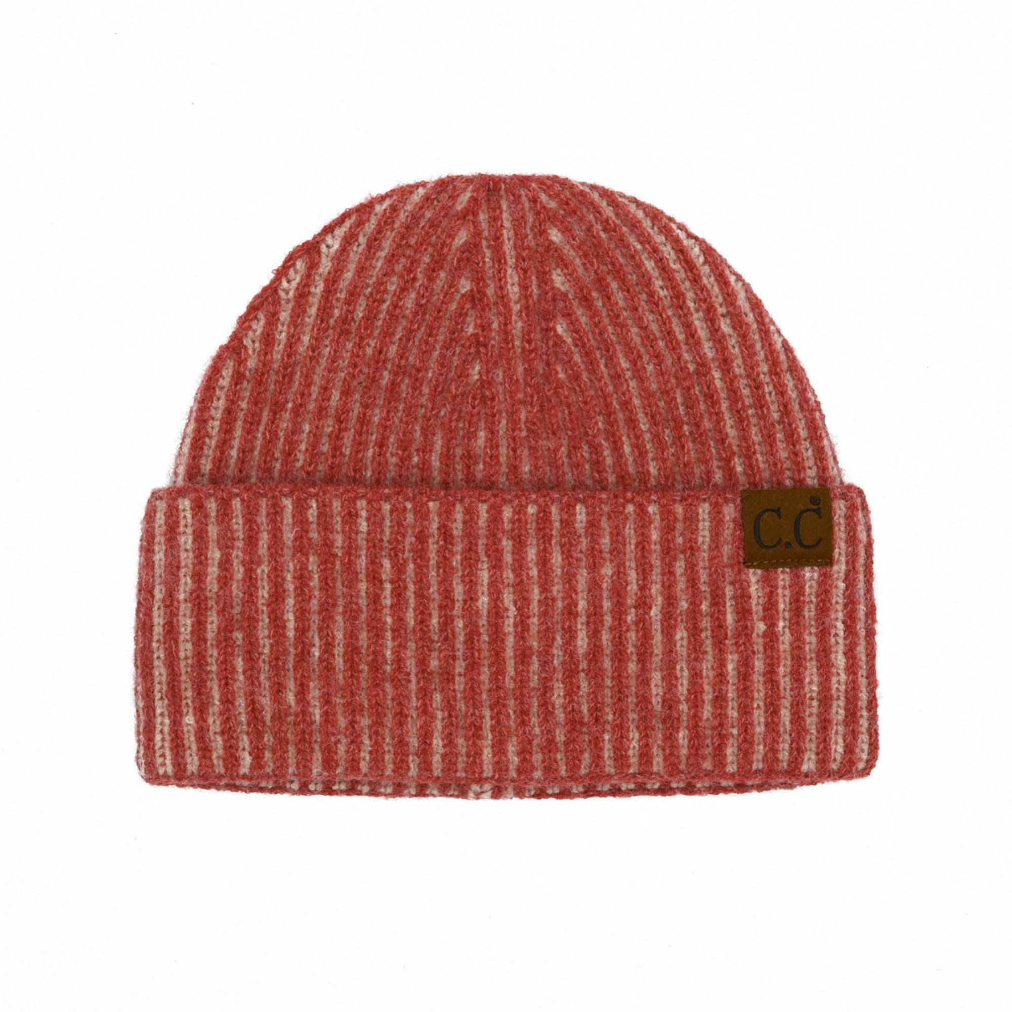 CC Contrast Cuff Cap Beanie featuring a stylish design with a 4-inch cuff, suitable for adults and teens, made from a soft polyester, acrylic, and nylon blend.