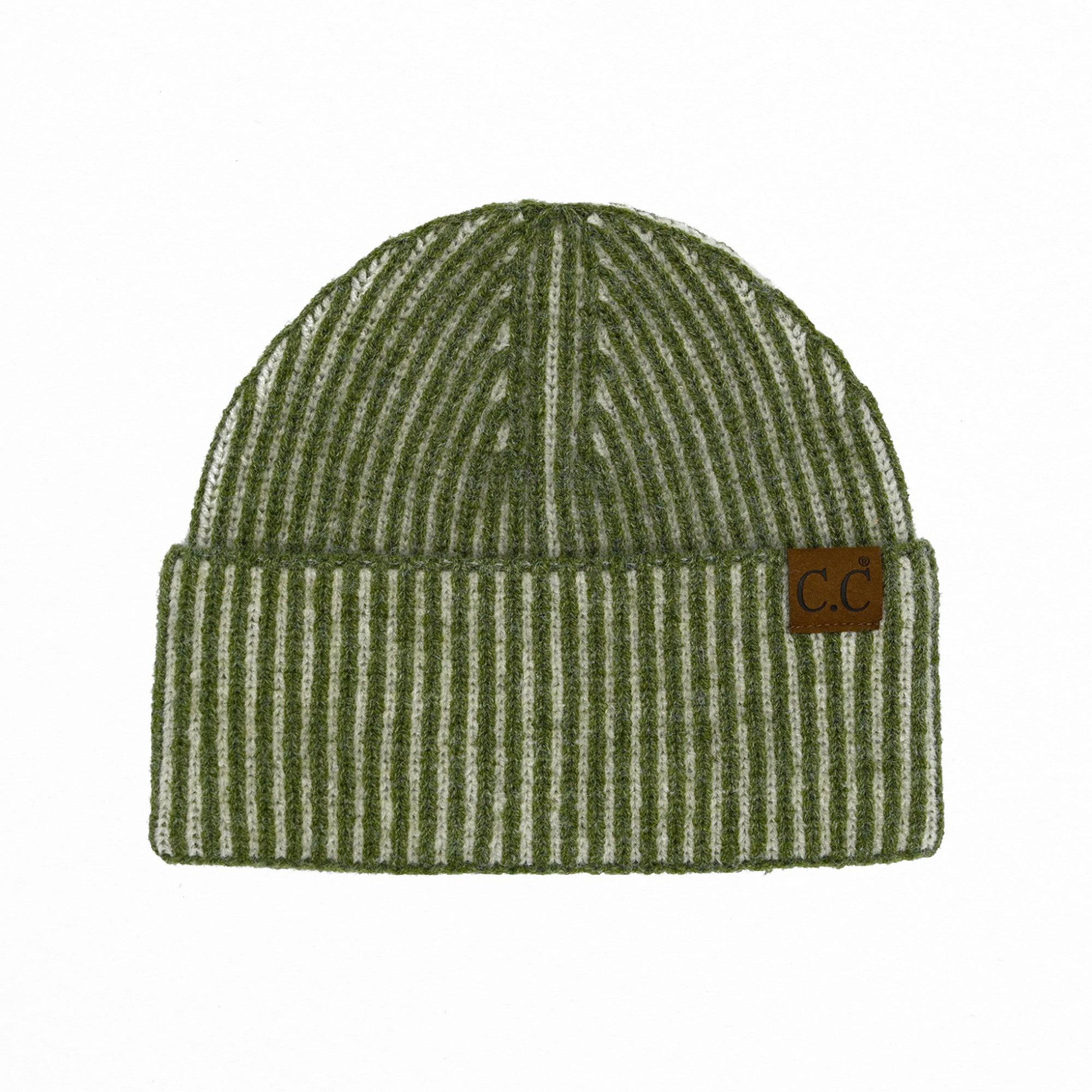 CC Contrast Cuff Cap Beanie featuring a stylish design with a 4-inch cuff, suitable for adults and teens, made from a soft polyester, acrylic, and nylon blend.