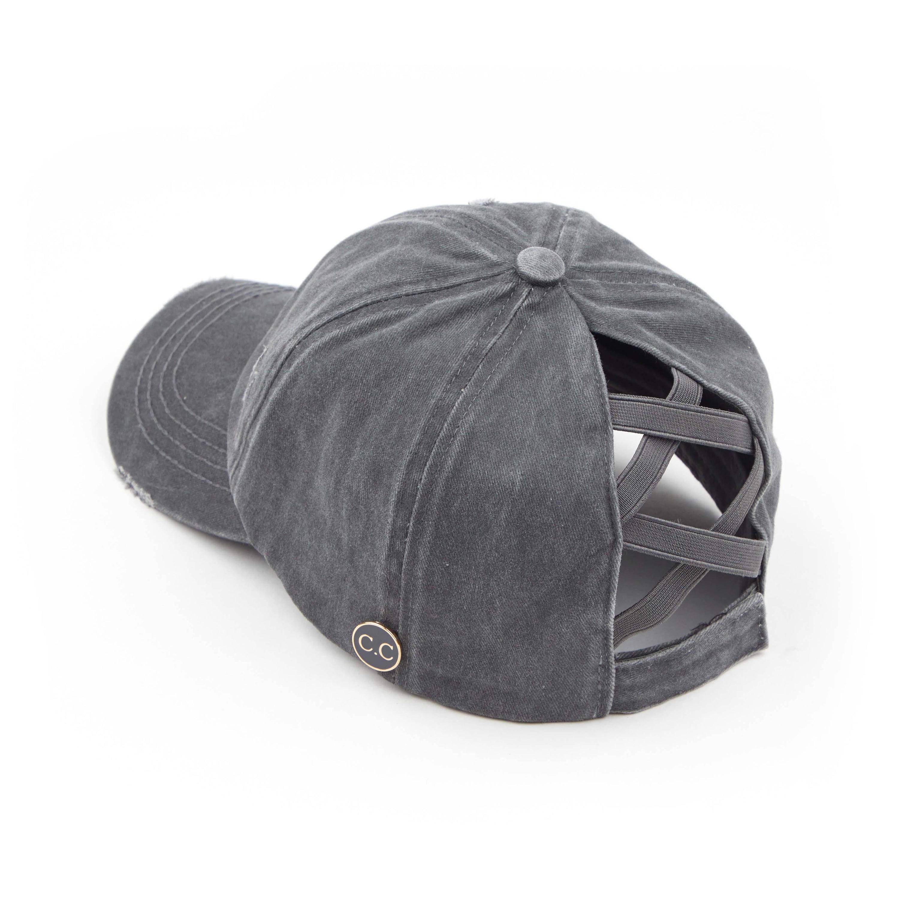 CC Cotton Hats Criss Cross Style Women Cap featuring a denim design with criss-cross back for ponytails, adjustable velcro closure, and buttons for glasses or masks.