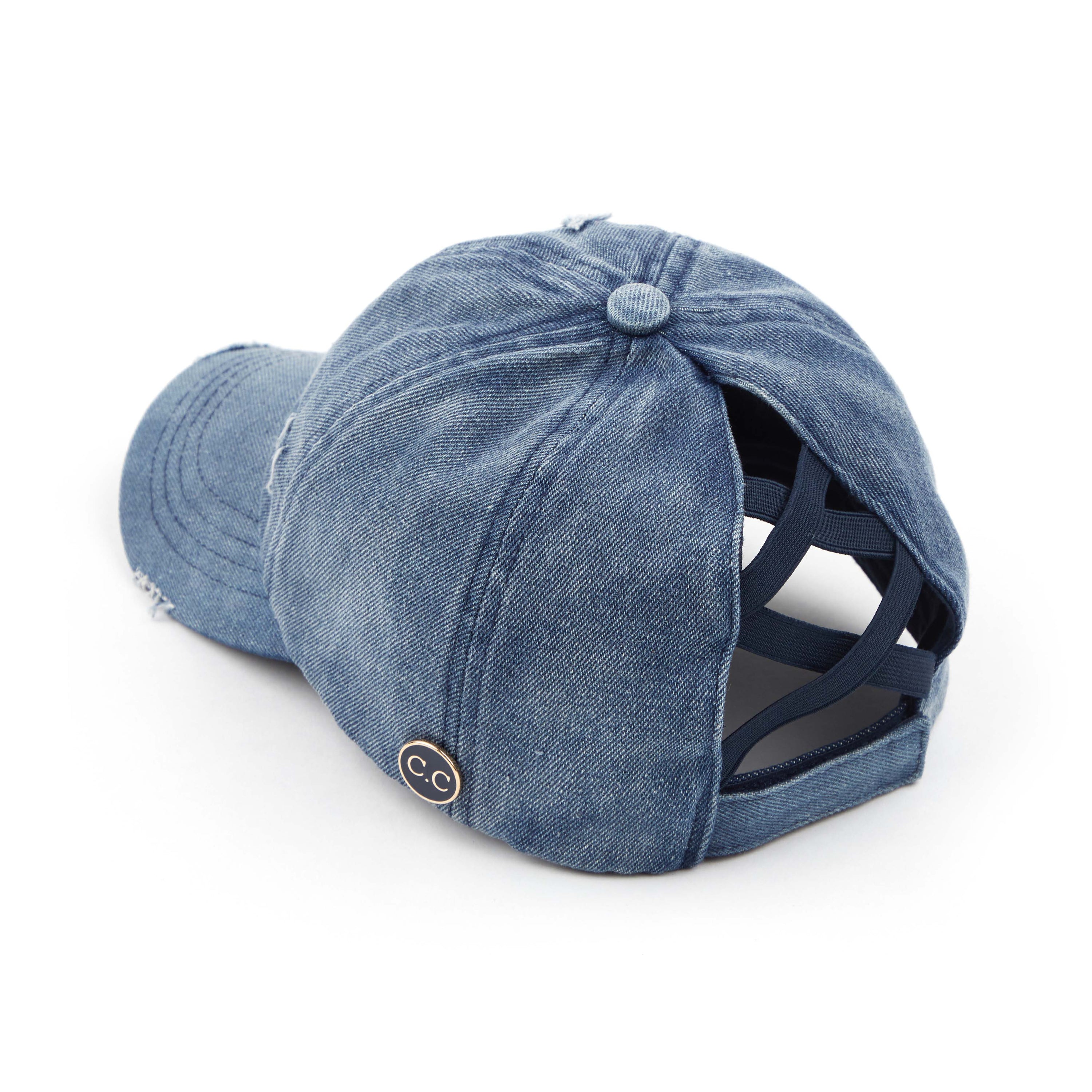 CC Cotton Hats Criss Cross Style Women Cap featuring a denim design with criss-cross back for ponytails, adjustable velcro closure, and buttons for glasses or masks.