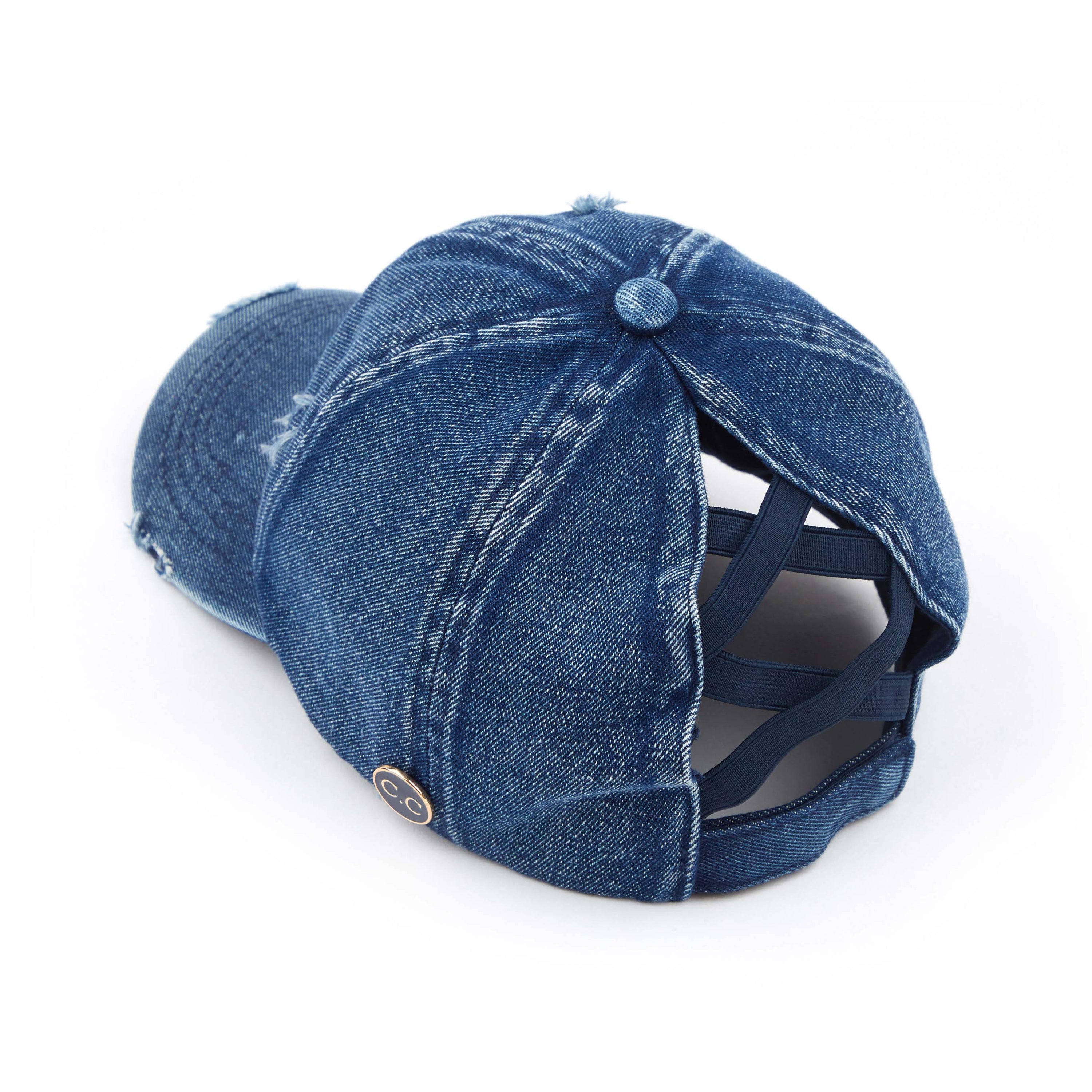 CC Cotton Hats Criss Cross Style Women Cap featuring a denim design with criss-cross back for ponytails, adjustable velcro closure, and buttons for glasses or masks.