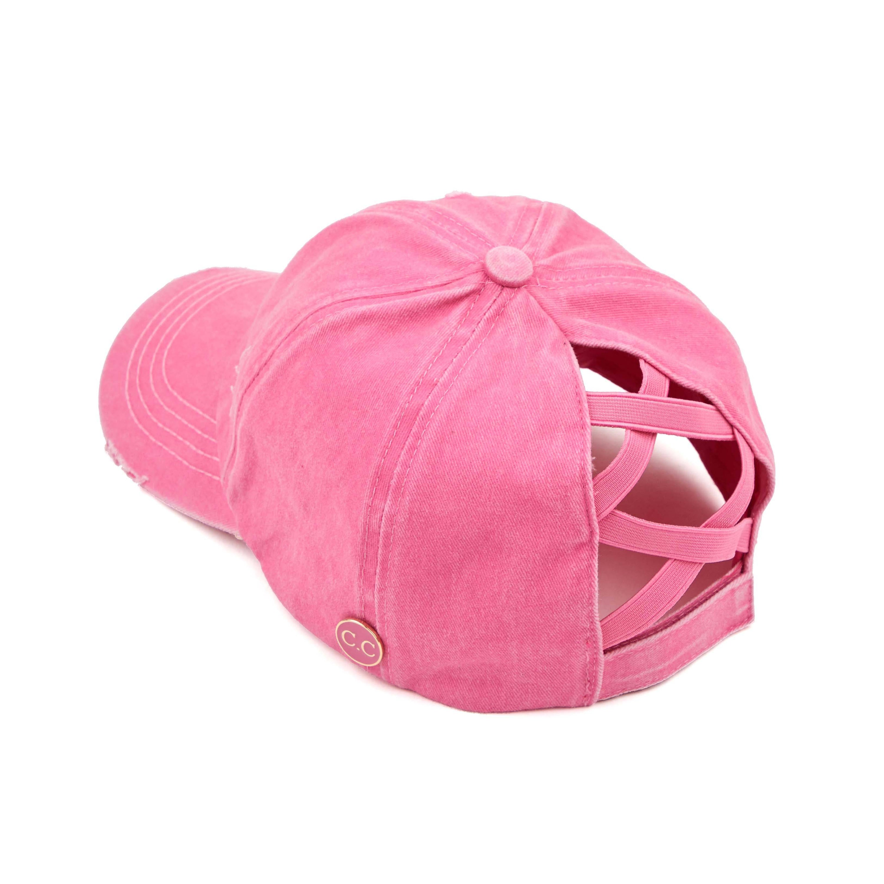 CC Cotton Hats Criss Cross Style Women Cap featuring a denim design with criss-cross back for ponytails, adjustable velcro closure, and buttons for glasses or masks.