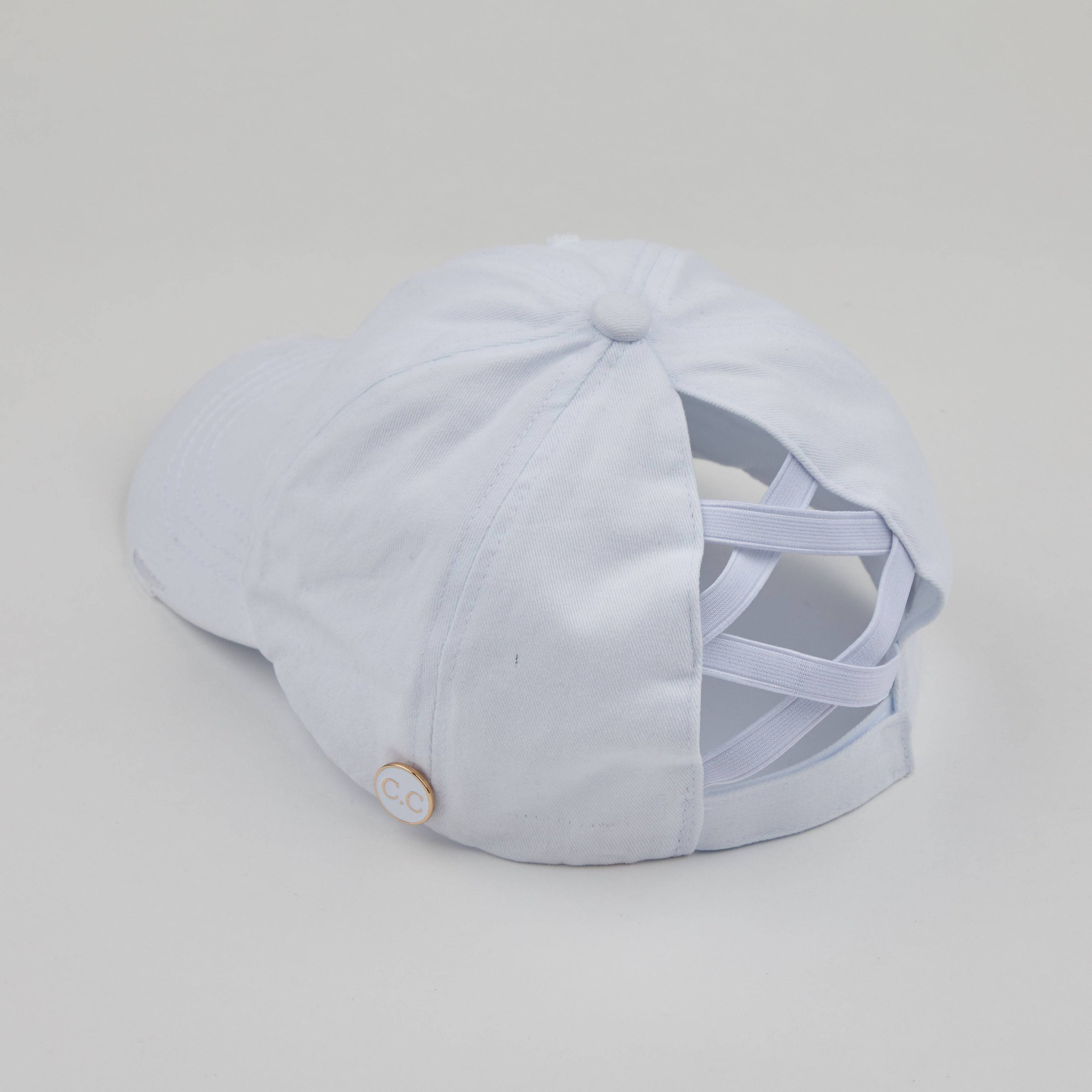 CC Cotton Hats Criss Cross Style Women Cap featuring a denim design with criss-cross back for ponytails, adjustable velcro closure, and buttons for glasses or masks.