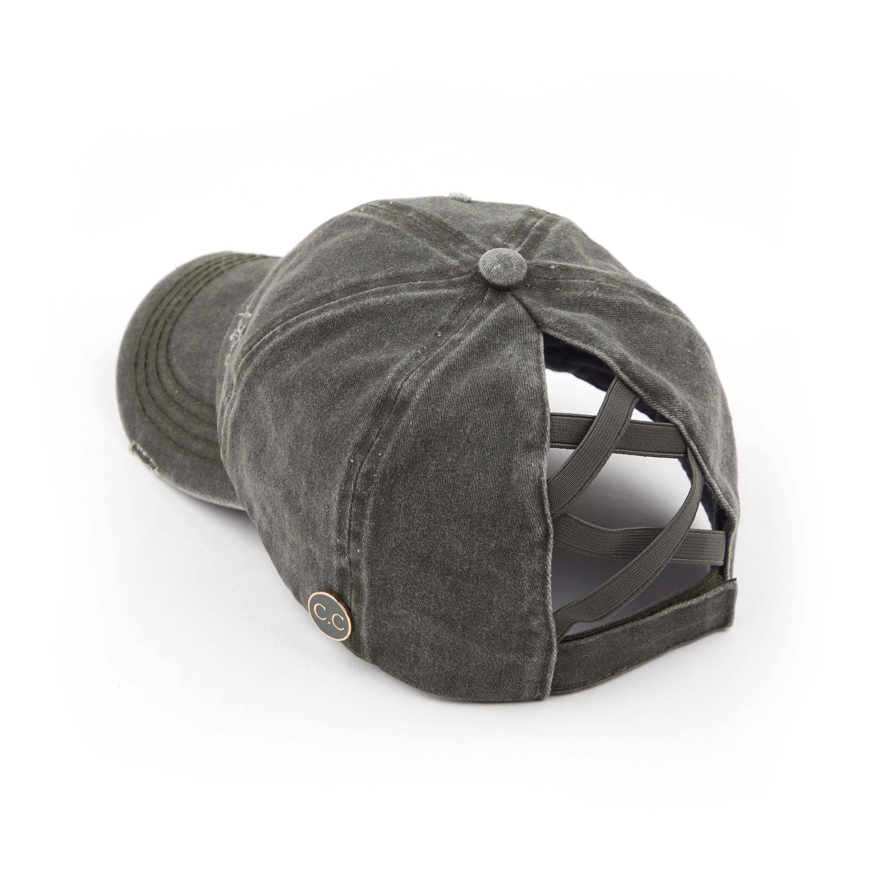 CC Cotton Hats Criss Cross Style Women Cap featuring a denim design with criss-cross back for ponytails, adjustable velcro closure, and buttons for glasses or masks.