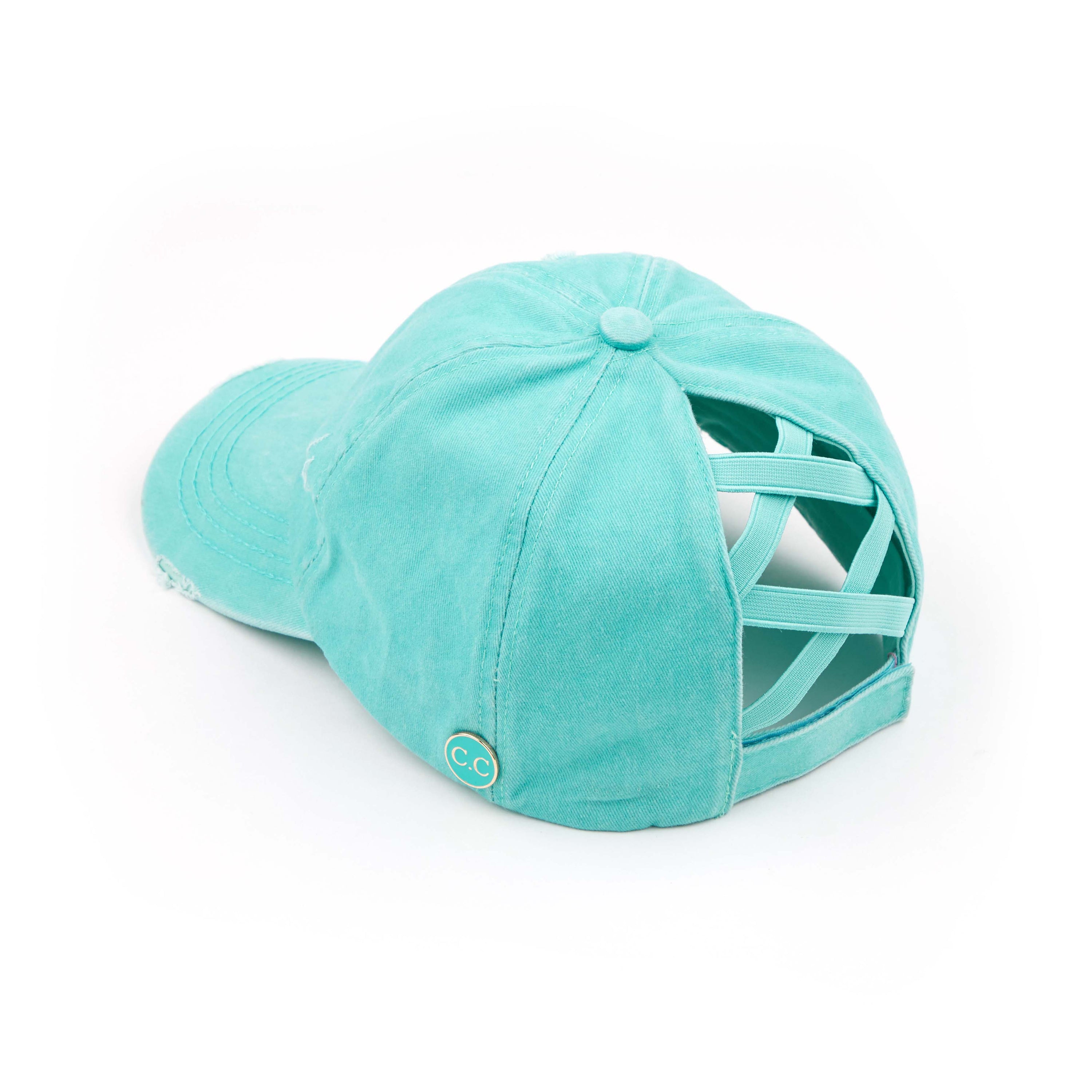 CC Cotton Hats Criss Cross Style Women Cap featuring a denim design with criss-cross back for ponytails, adjustable velcro closure, and buttons for glasses or masks.