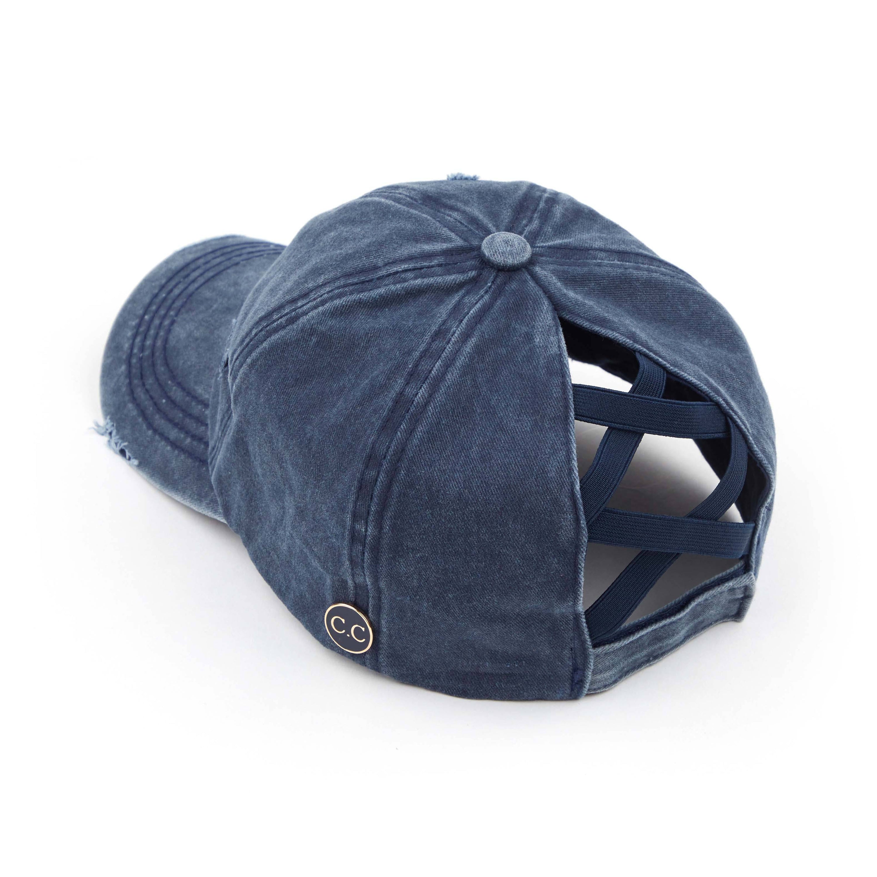 CC Cotton Hats Criss Cross Style Women Cap featuring a denim design with criss-cross back for ponytails, adjustable velcro closure, and buttons for glasses or masks.