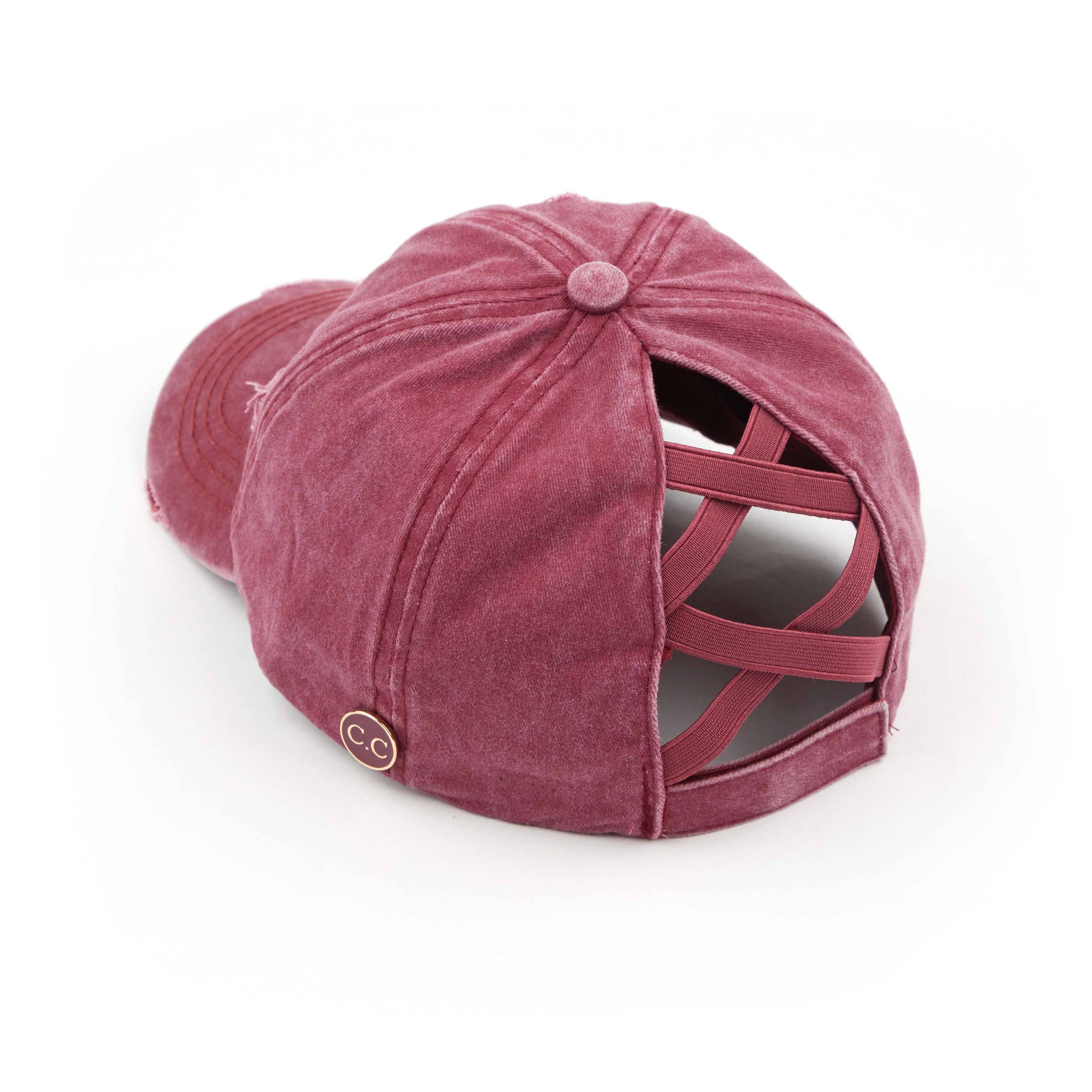 CC Cotton Hats Criss Cross Style Women Cap featuring a denim design with criss-cross back for ponytails, adjustable velcro closure, and buttons for glasses or masks.