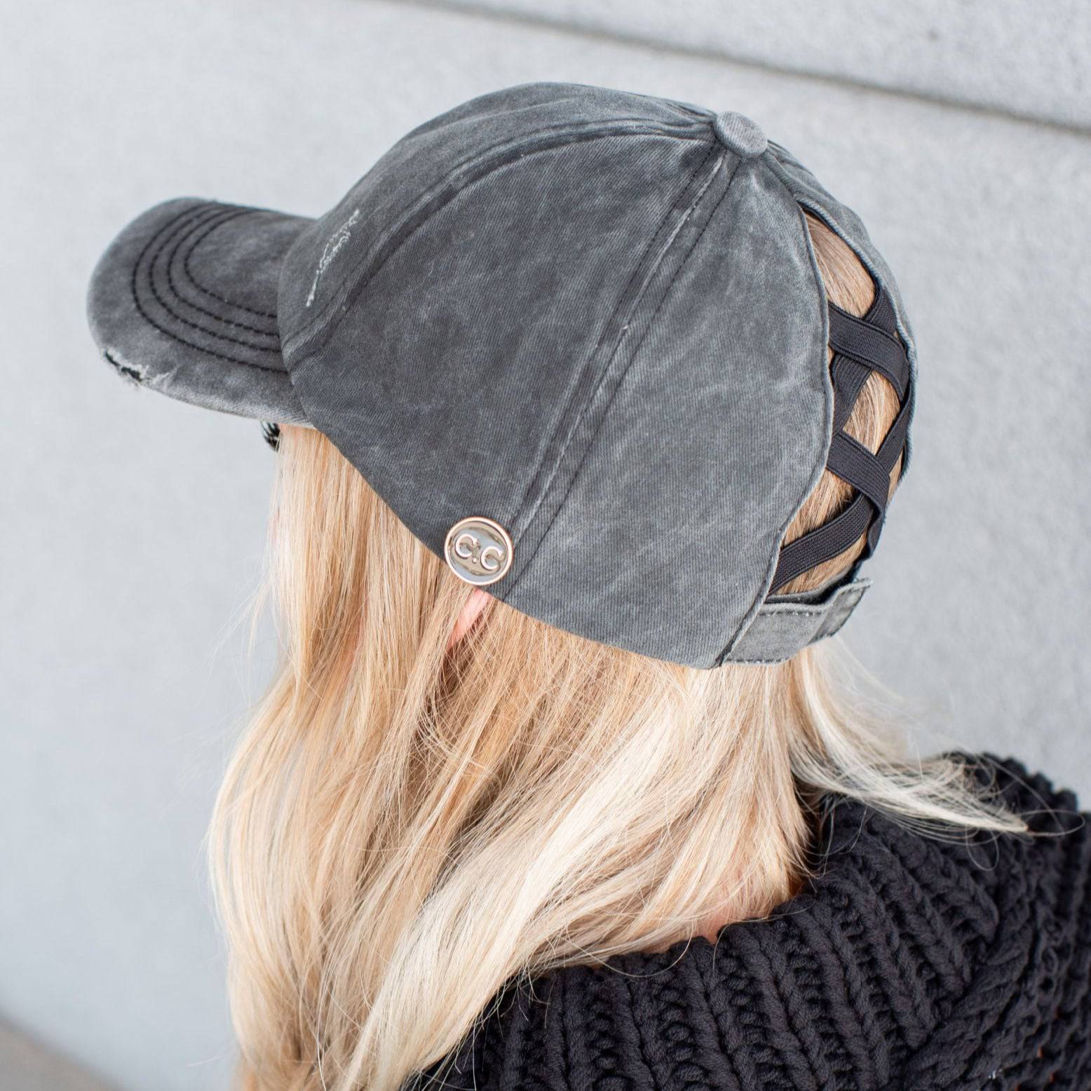 CC Cotton Hats Criss Cross Style Women Cap featuring a denim design with criss-cross back for ponytails, adjustable velcro closure, and buttons for glasses or masks.